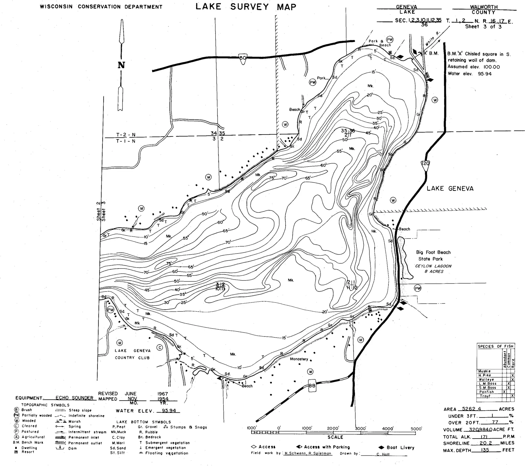 DNR survey map of Geneva Lake, sheet 3 of 3. Tap to zoom.