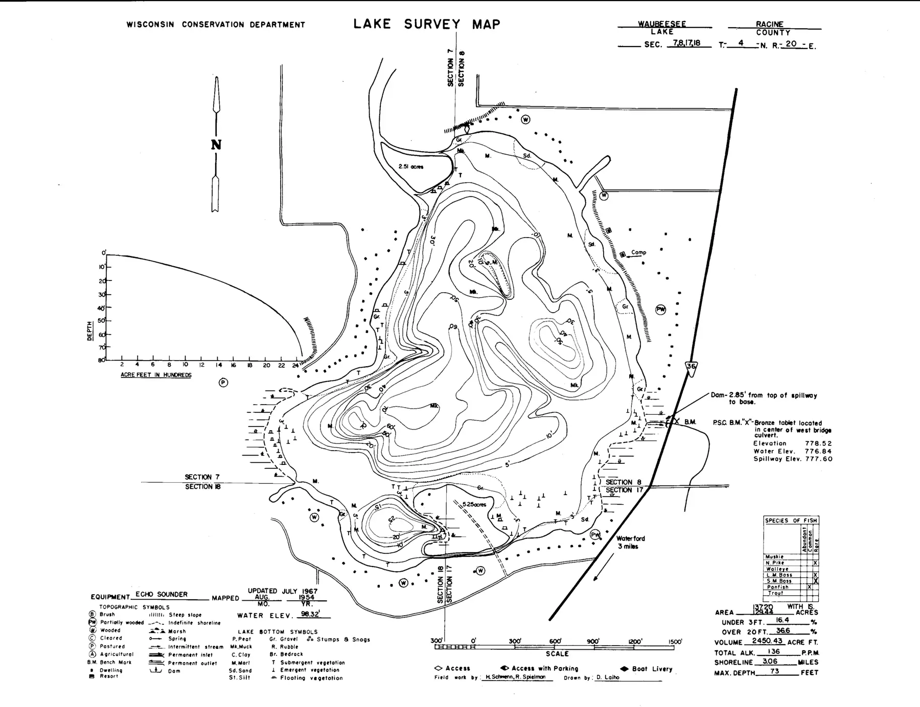 DNR survey map of Waubeesee Lake, with depths in feet. Tap to zoom.