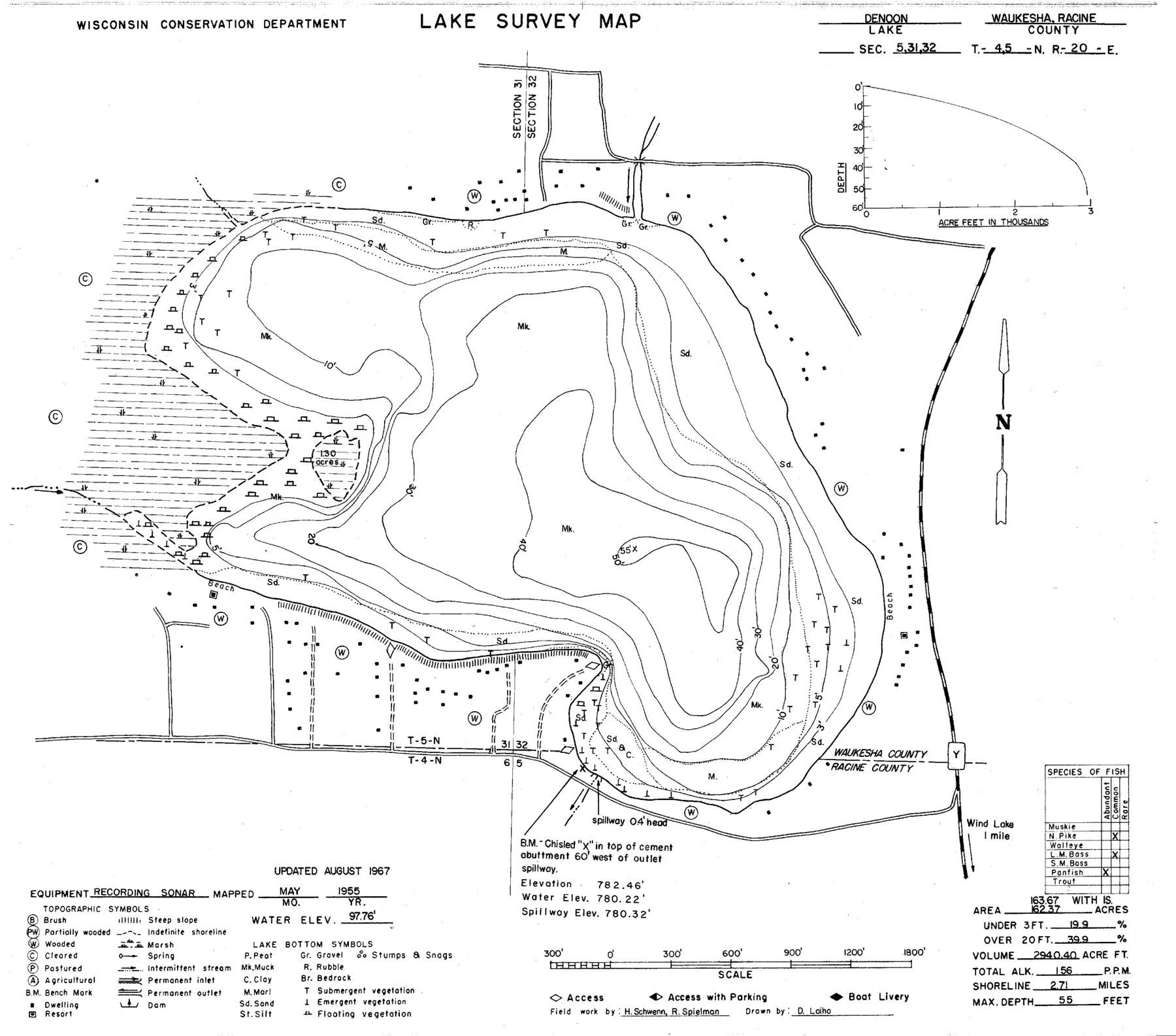 DNR survey map of Lake Denoon, with depths in feet. Tap to zoom.