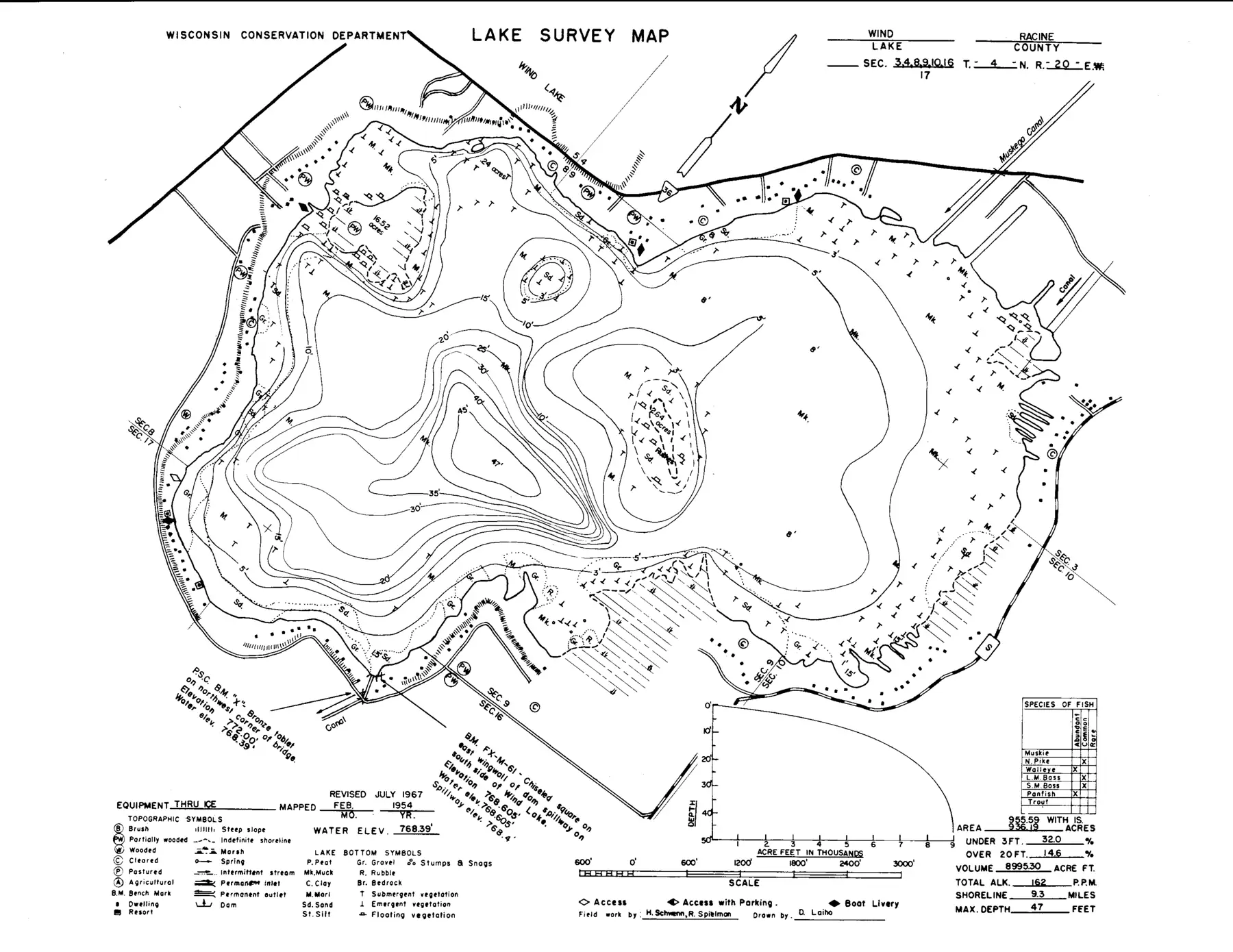 DNR survey map of Wind Lake, with depths in feet. Tap to zoom.