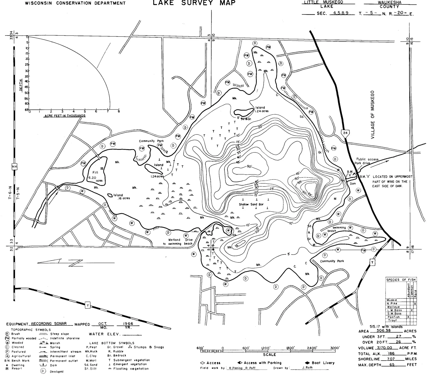 DNR survey map of Little Muskego Lake, with depths in feet. Tap to zoom.
