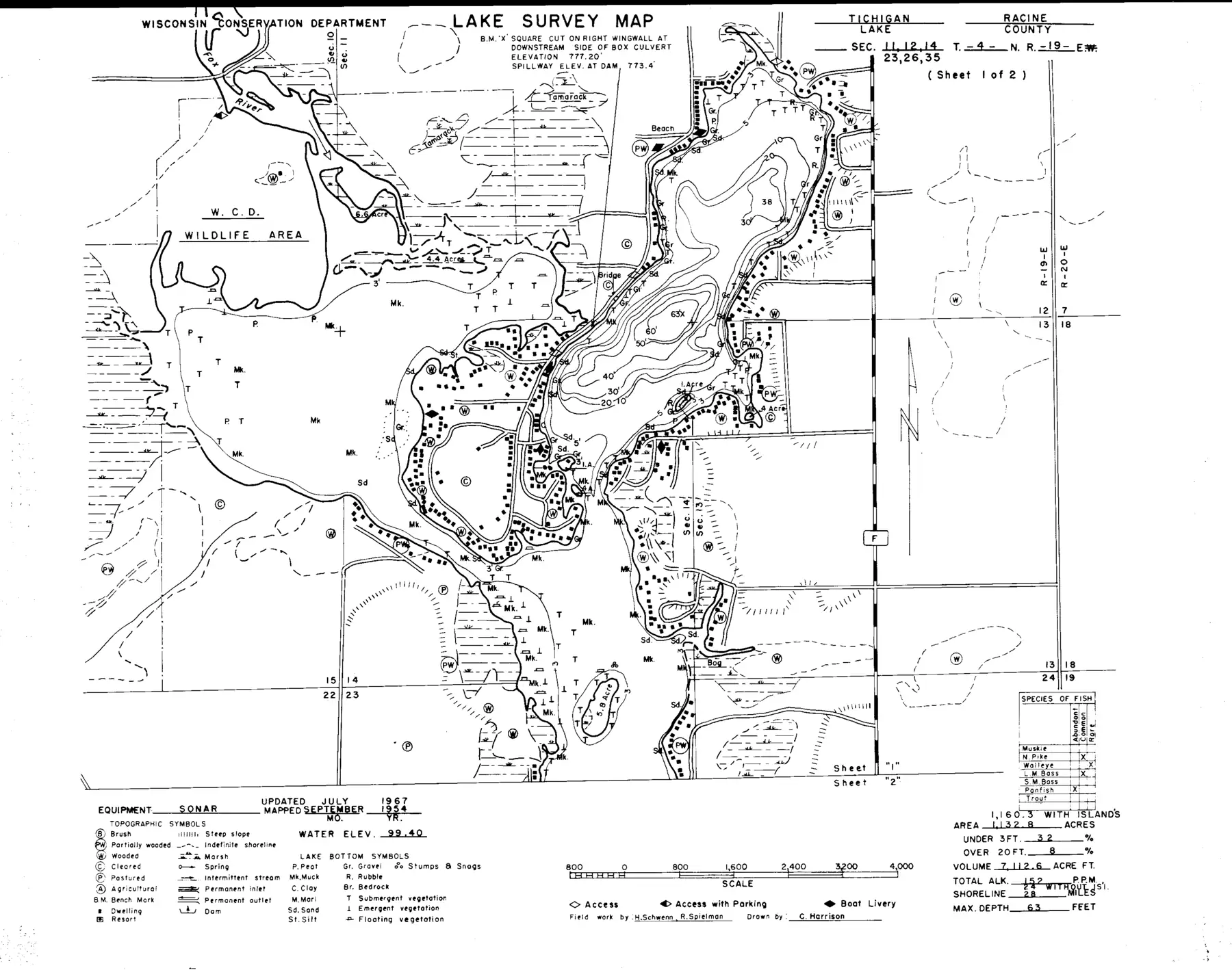 DNR survey map of Tichigan Lake, sheet 1 of 2, with depths in feet. Tap to zoom.
