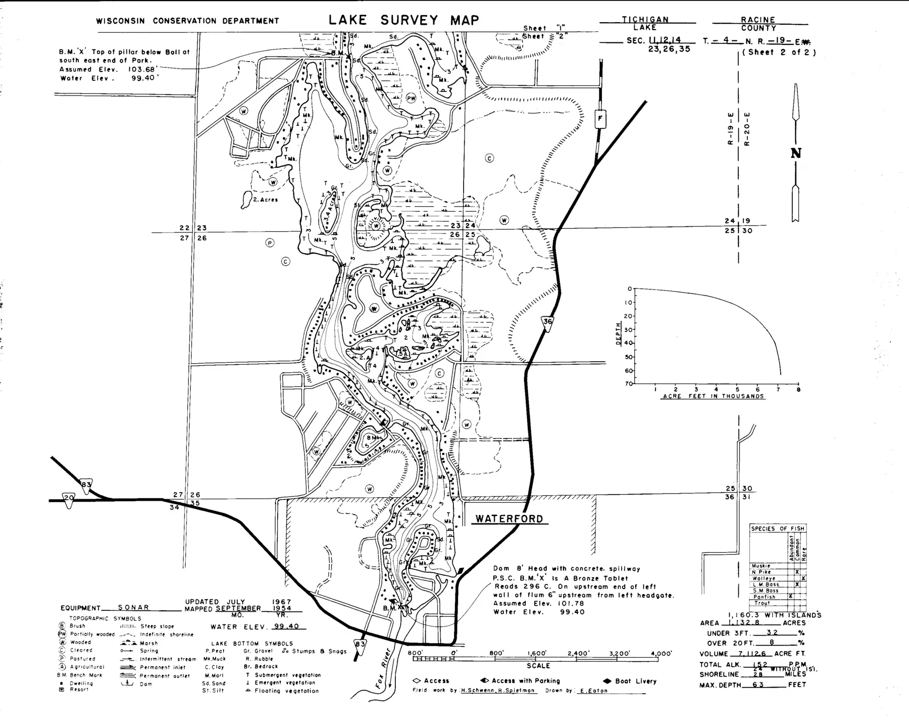 DNR survey map of Tichigan Lake, sheet 2 of 2, with depths in feet. Tap to zoom.