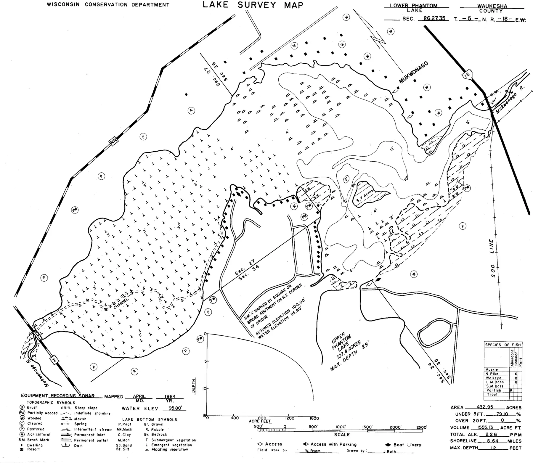DNR survey map of Phantom Lake, Lower (Howitt), with depths in feet. Tap to zoom.