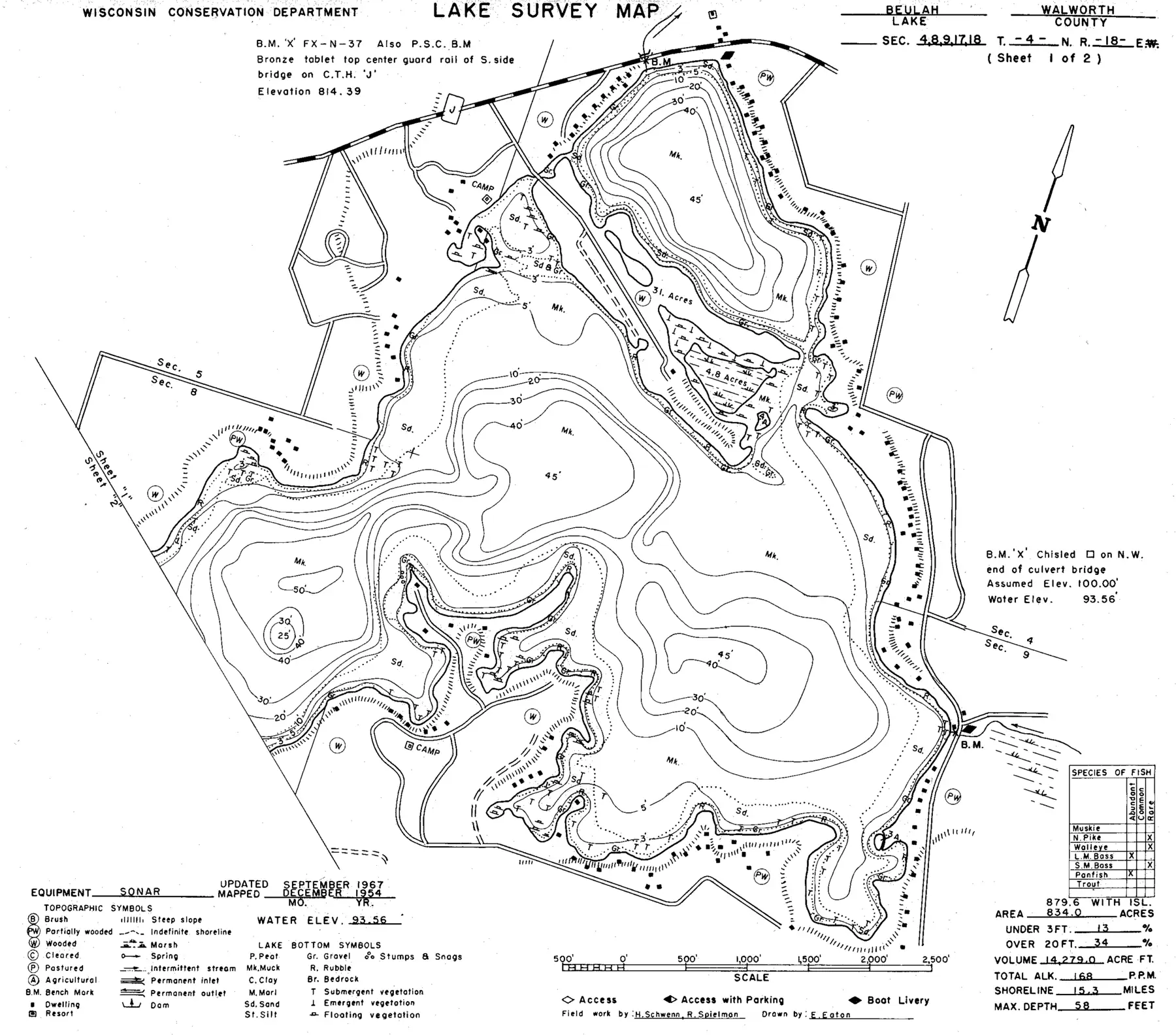 DNR survey map of Lake Buelah, sheet 1 of 3, with depths in feet. Tap to zoom.