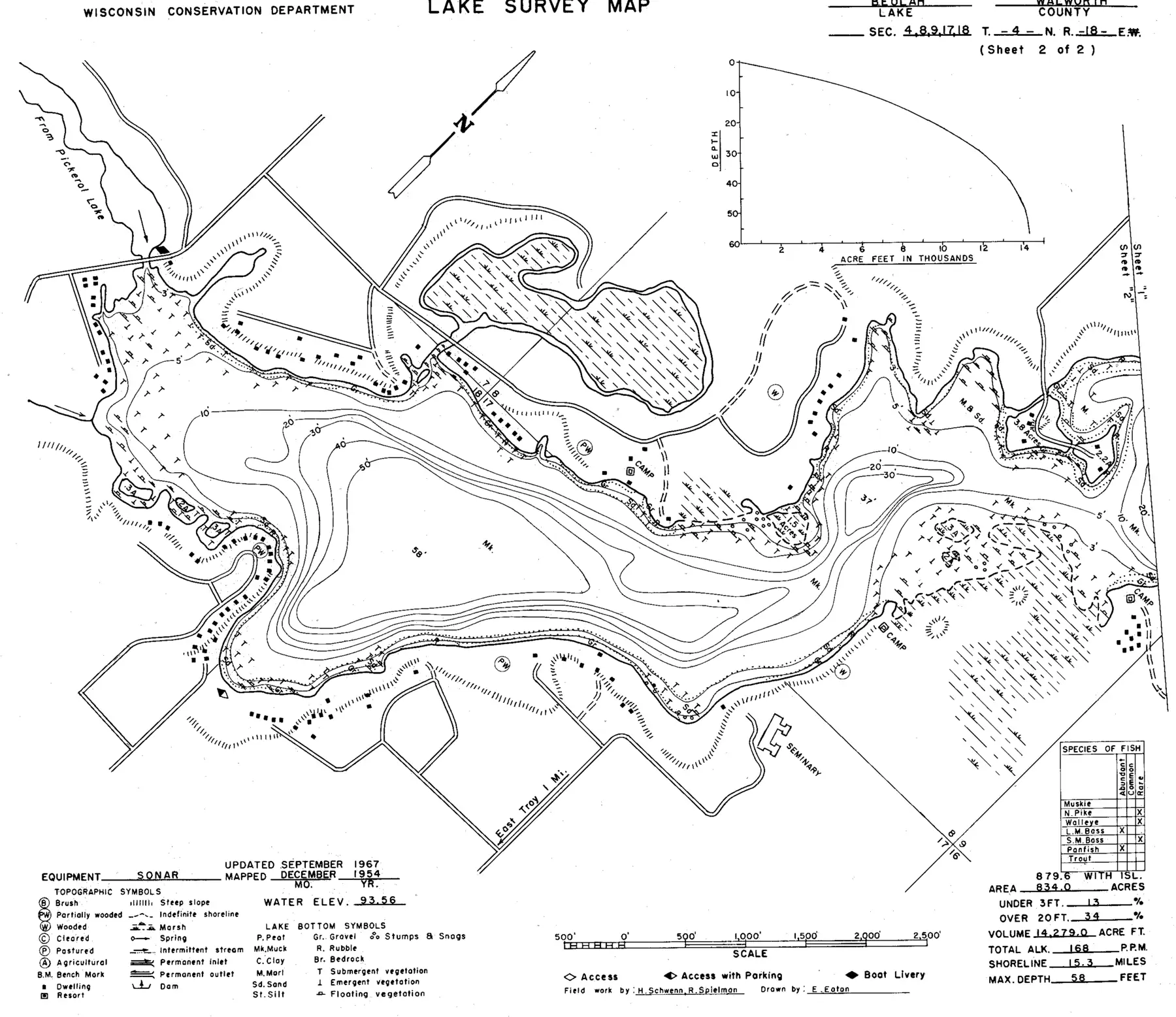 DNR survey map of Lake Buelah, sheet 2 of 3, with depths in feet. Tap to zoom.