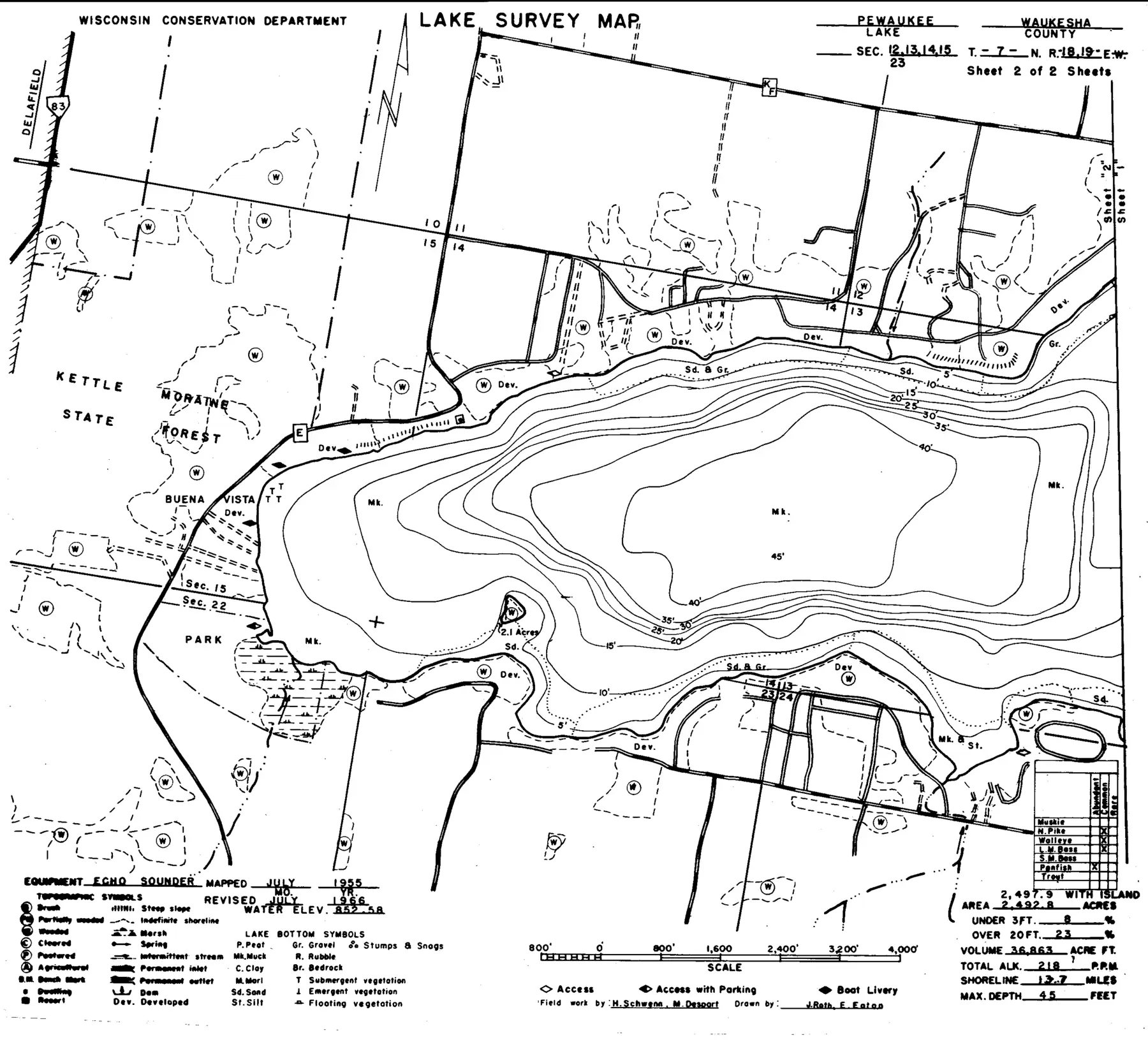 DNR survey map of Pewaukee Lake, sheet 2 of 2, with depths in feet. Tap to zoom.