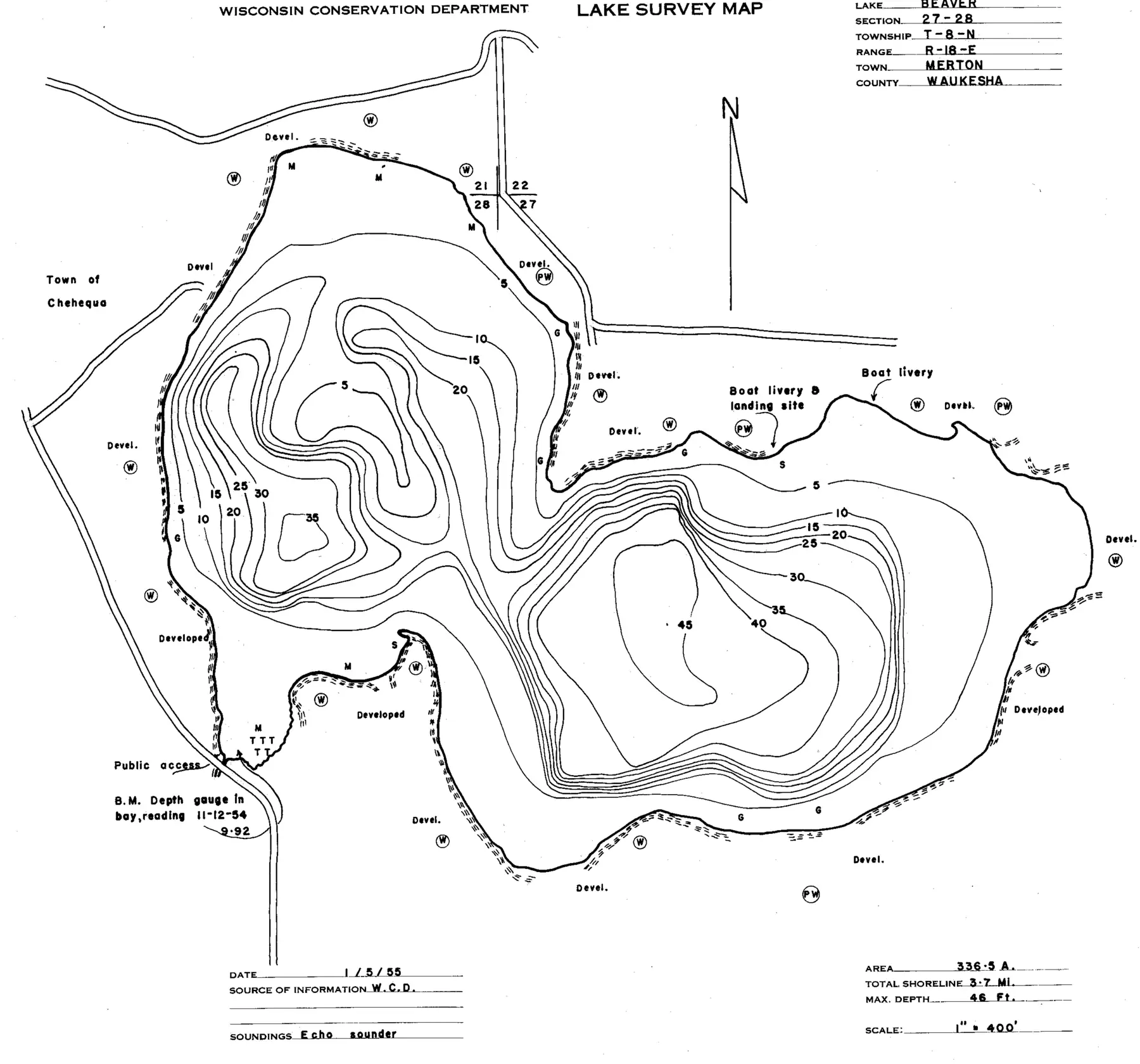DNR survey map of Beaver Lake, with depths in feet. Tap to zoom.