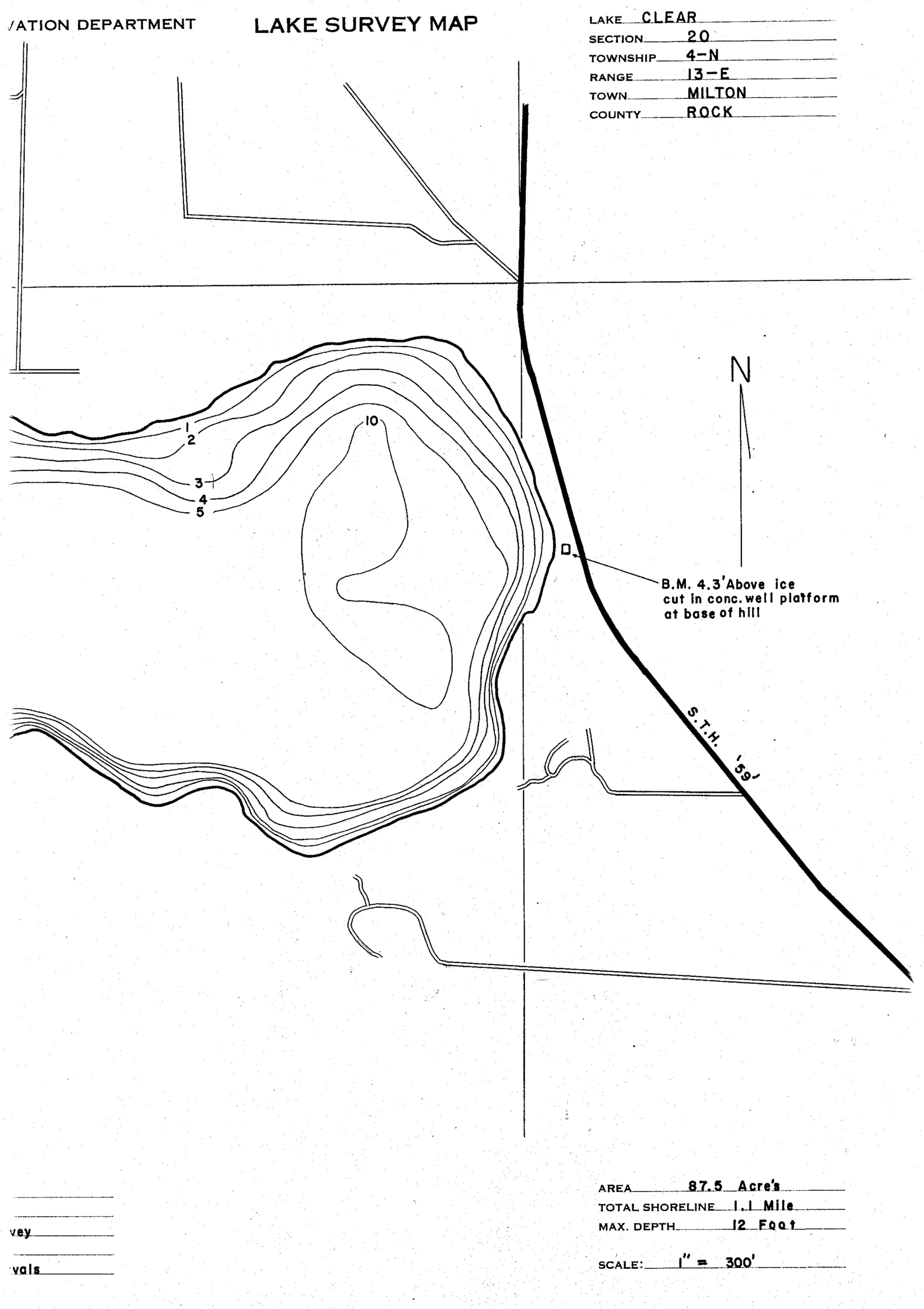 DNR survey map of Clear Lake, sheet 1 of 2, with depths in feet. Tap to zoom.