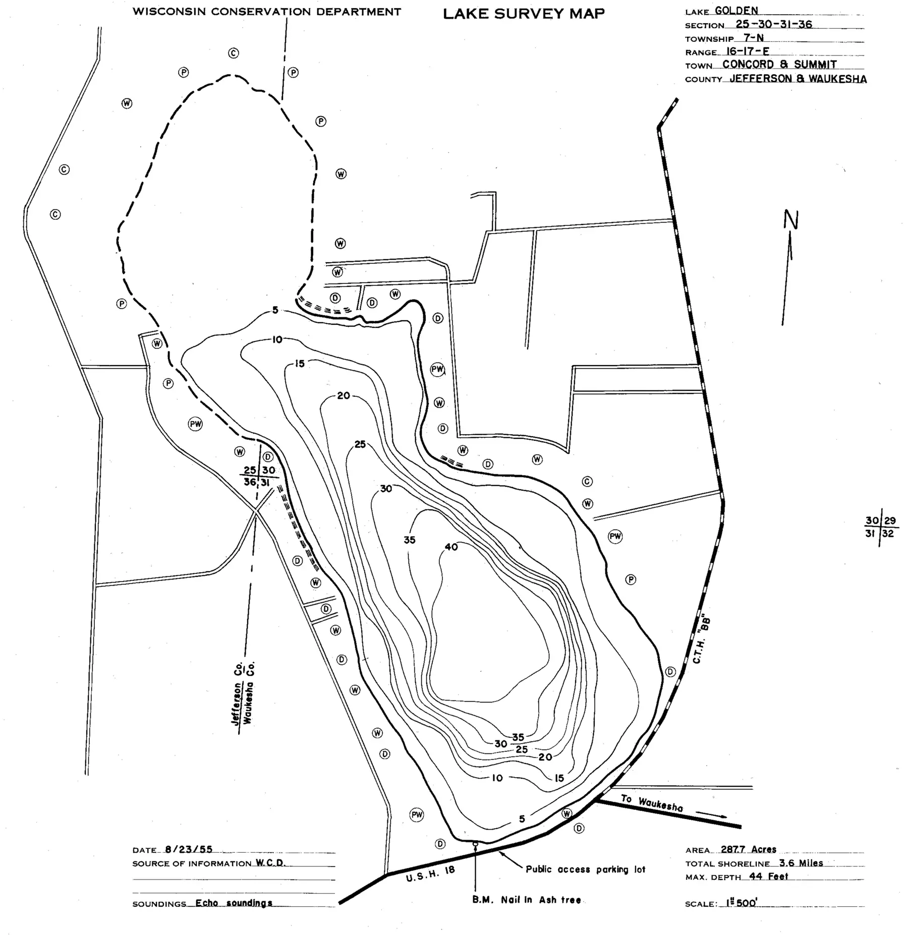 DNR survey map of Golden Lake, with depths in feet. Tap to zoom.