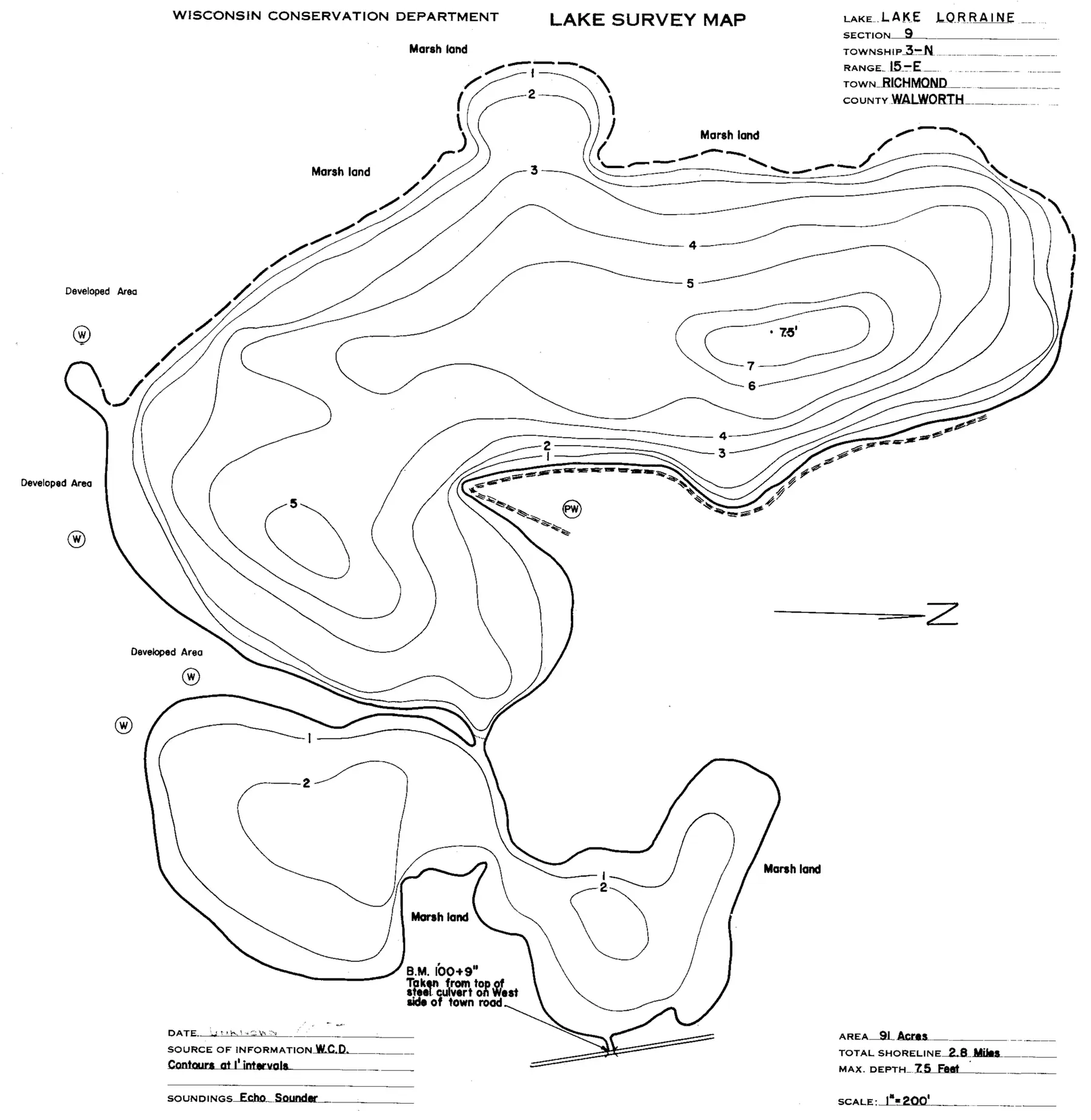 DNR survey map of Lake Lorraine, with depths in feet. Tap to zoom.