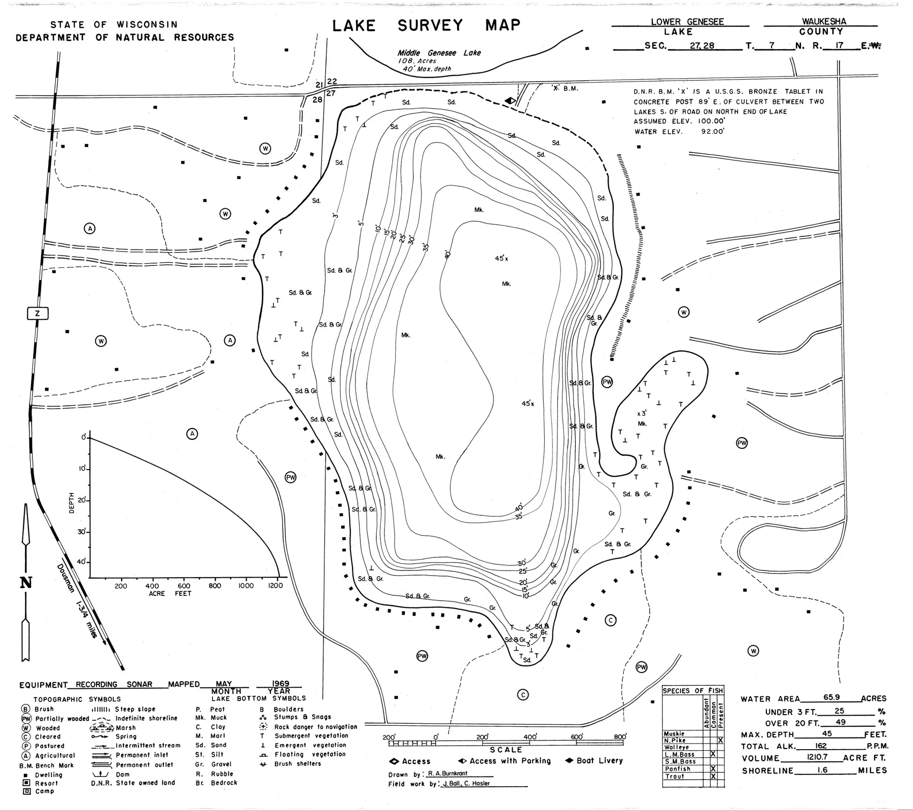 DNR survey map of Lower Genesee Lake, with depths in feet. Tap to zoom.