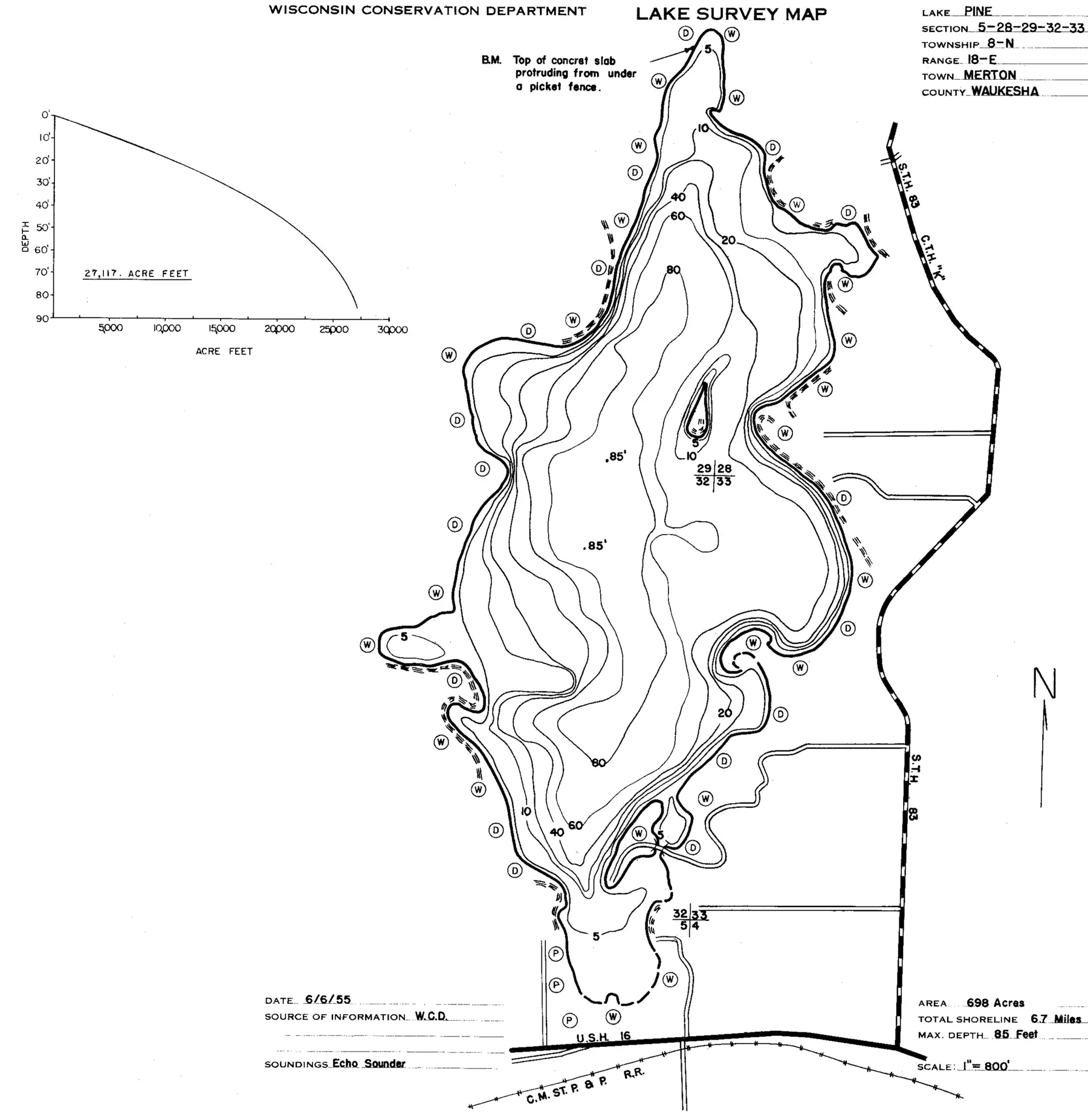 DNR survey map of Pine Lake, with depths in feet. Tap to zoom.