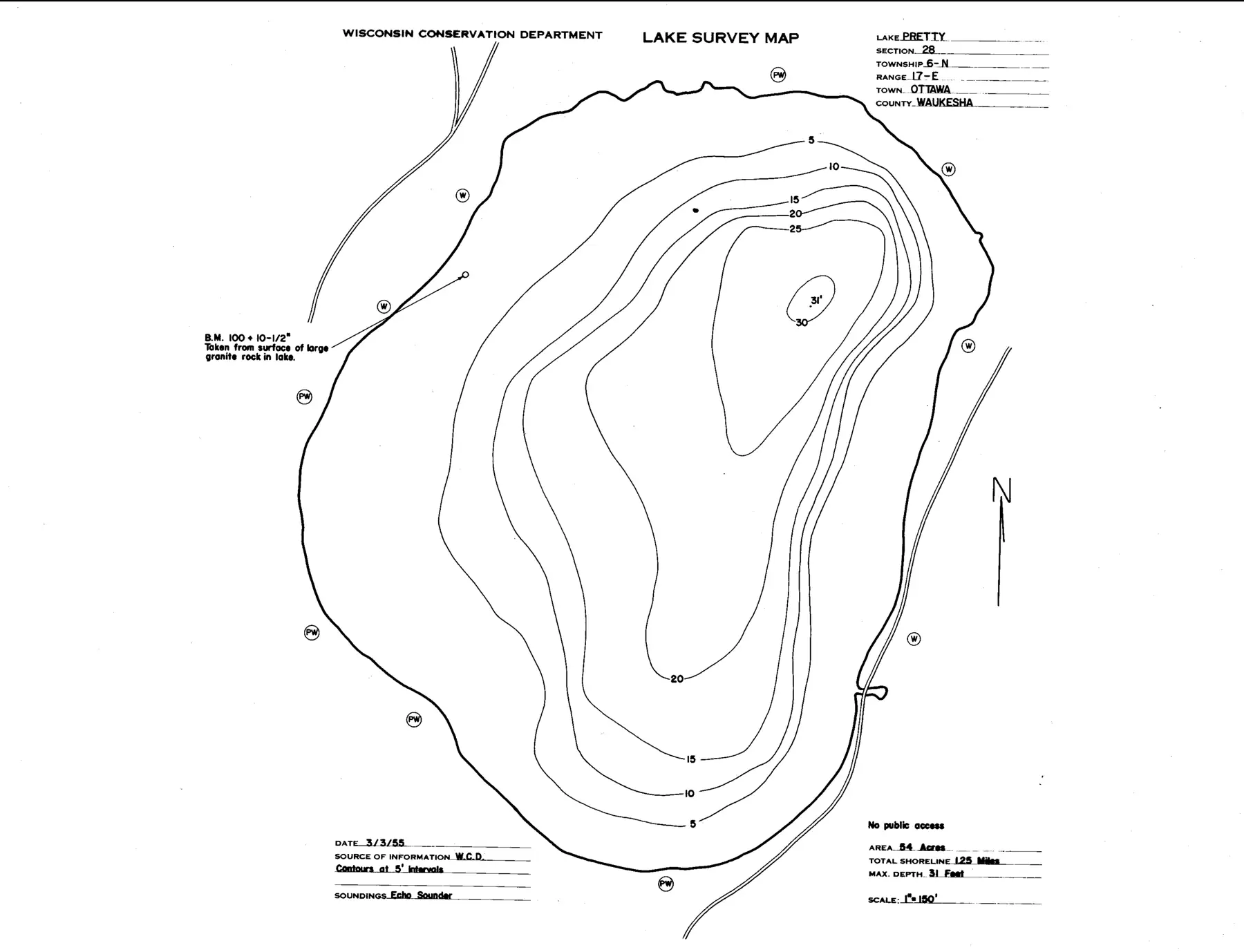 DNR survey map of Pretty Lake, with depths in feet. Tap to zoom.