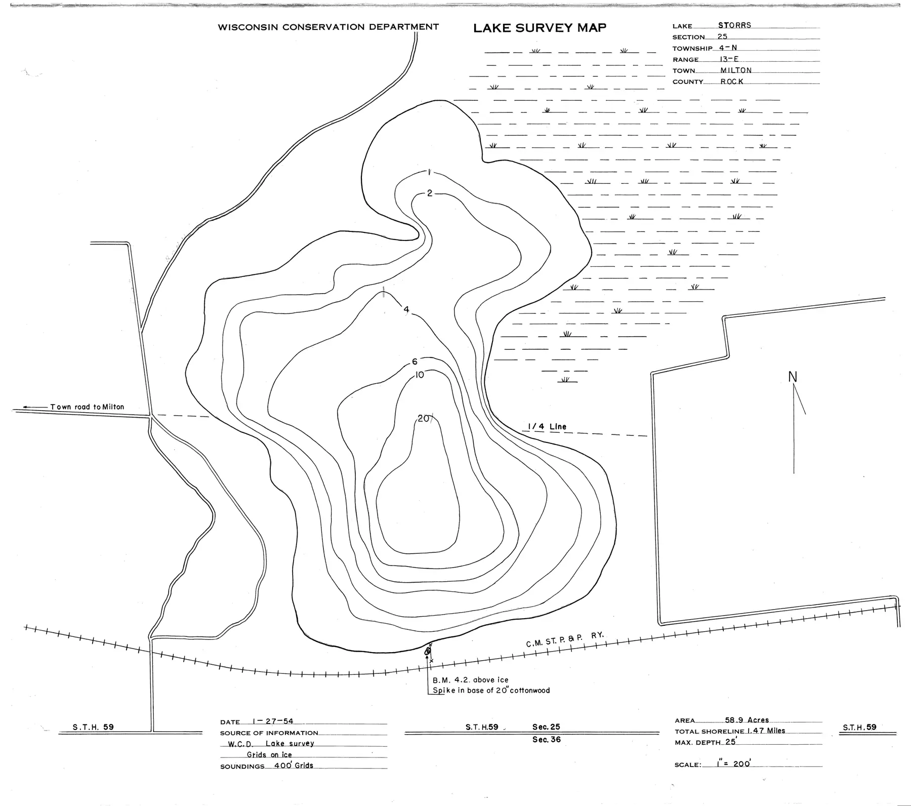 DNR survey map of Storrs Lake, with depths in feet. Tap to zoom.