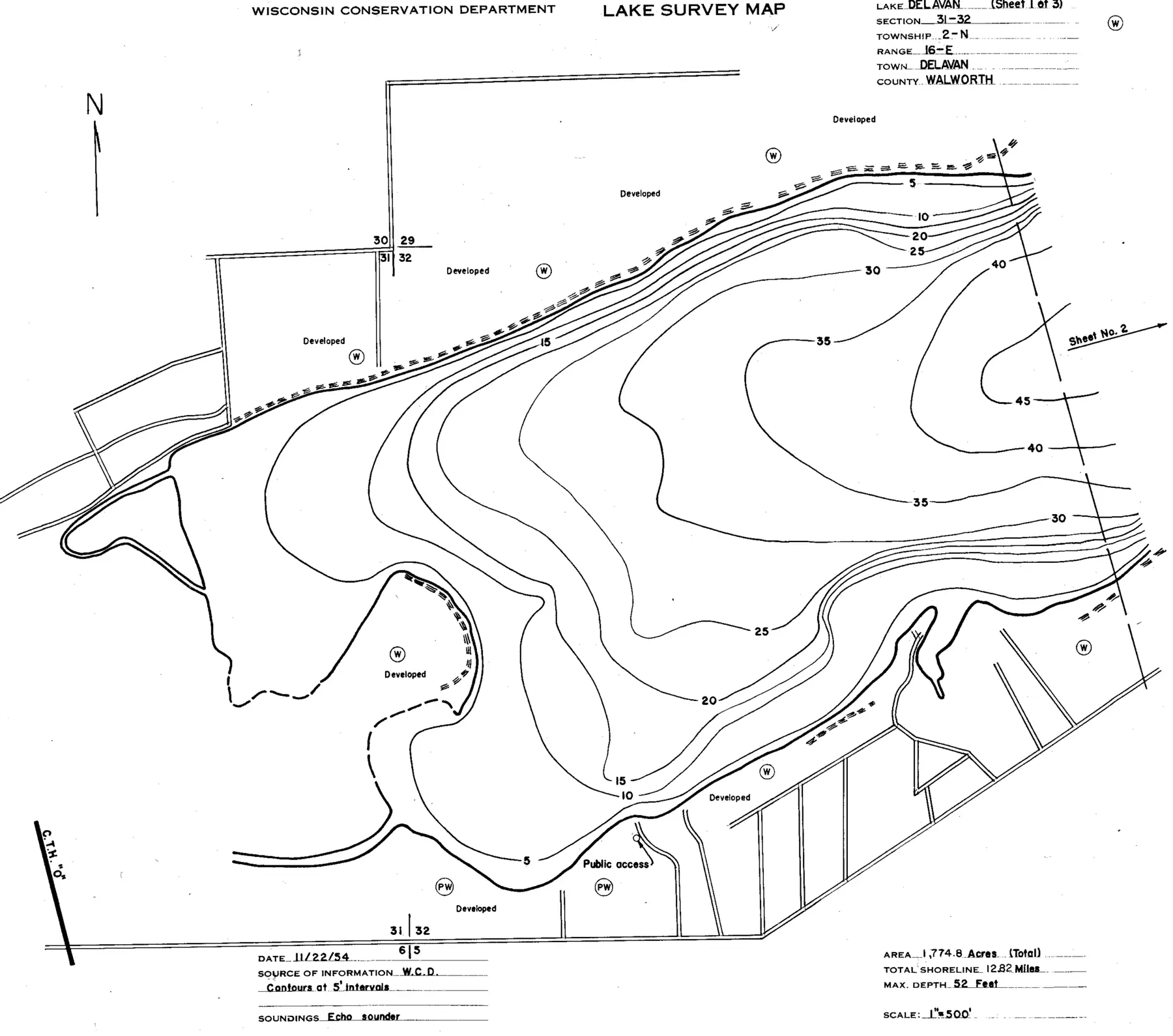 DNR survey map of Delavan Lake, sheet 1 of 3, with depths in feet. Tap to zoom.