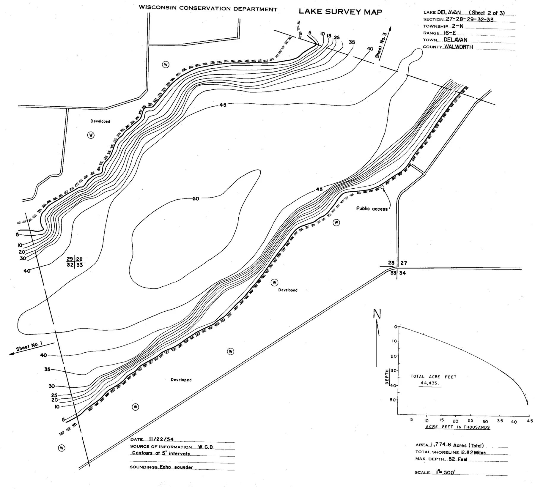 DNR survey map of Delavan Lake, sheet 2 of 3, with depths in feet. Tap to zoom.