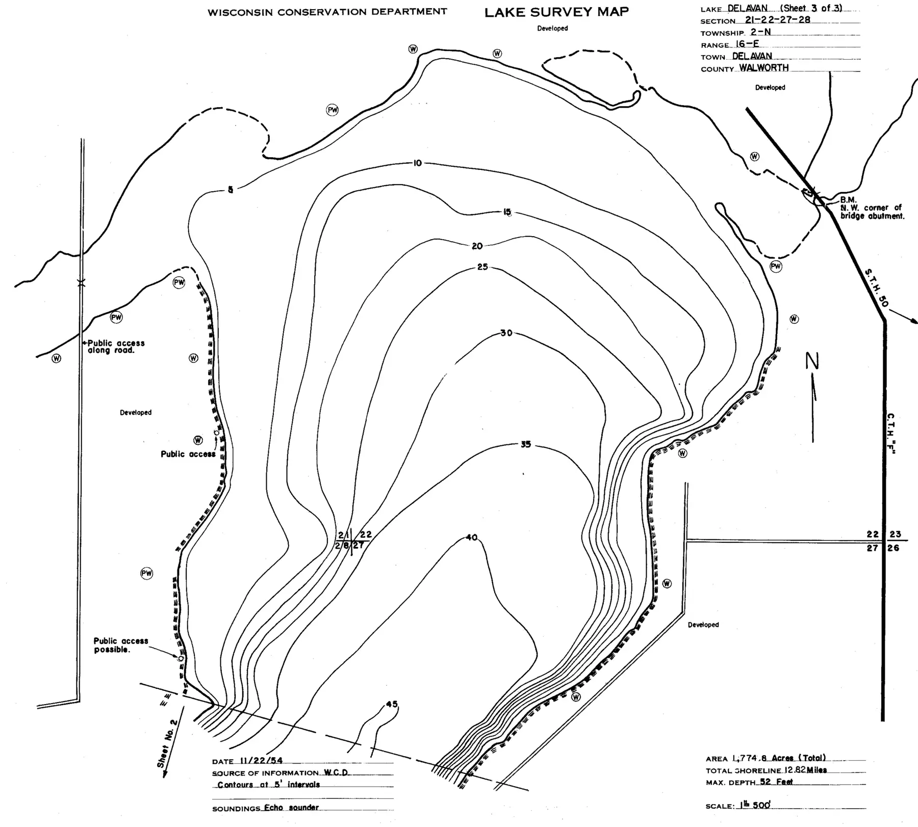 DNR survey map of Delavan Lake, sheet 3 of 3. Tap to zoom.