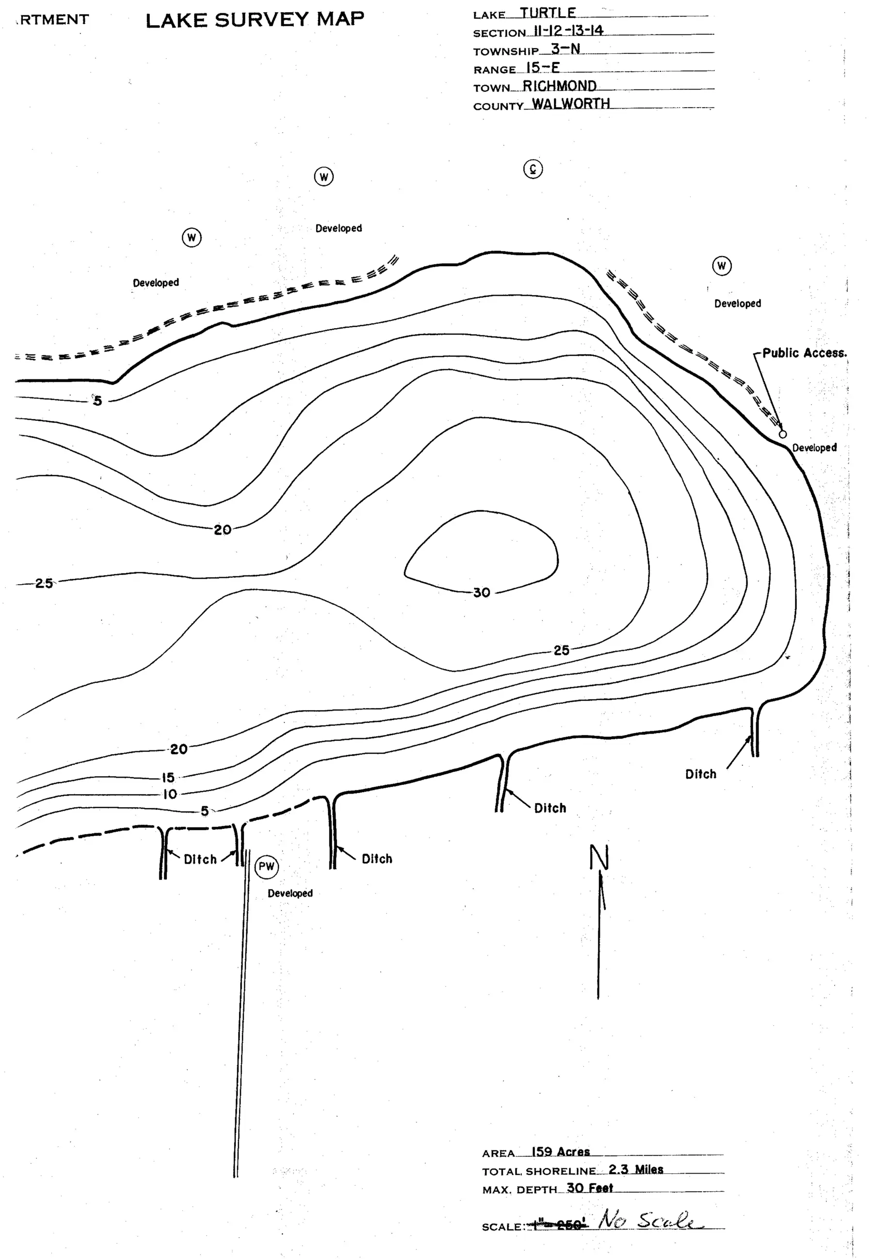 DNR survey map of Turtle Lake, sheet 1 of 2, with depths in feet. Tap to zoom.