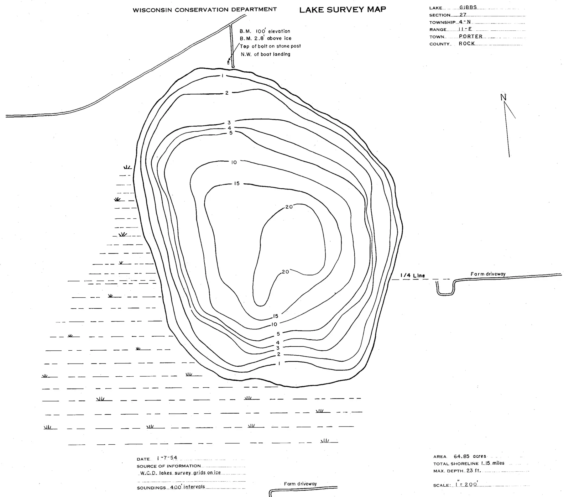 DNR survey map of Gibbs Lake, with depths in feet. Tap to zoom.