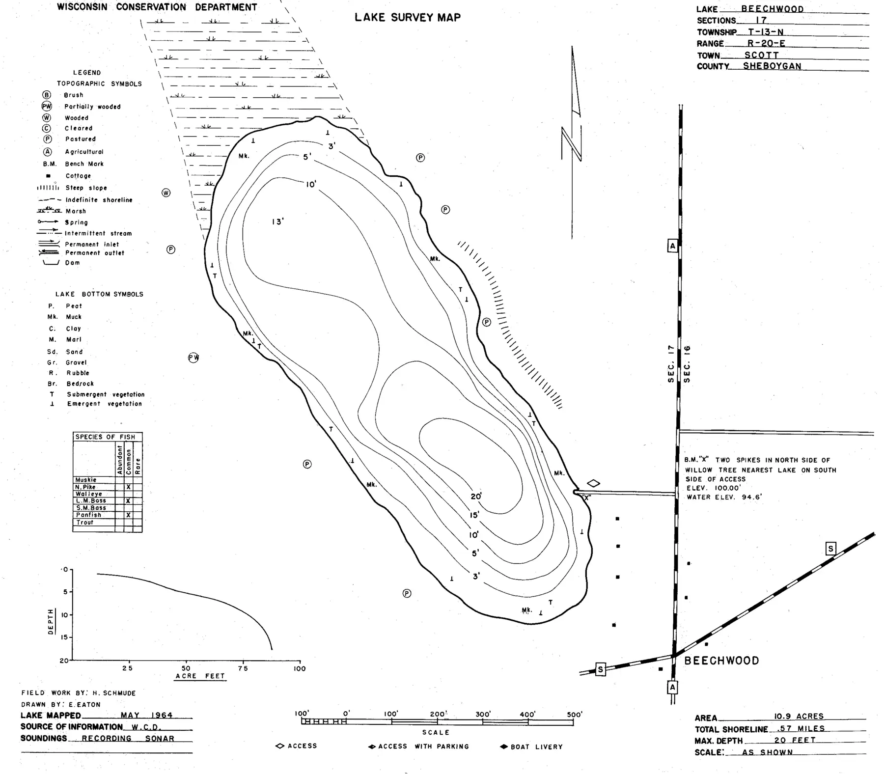 DNR survey map of Beechwood Lake, with depths in feet. Tap to zoom.