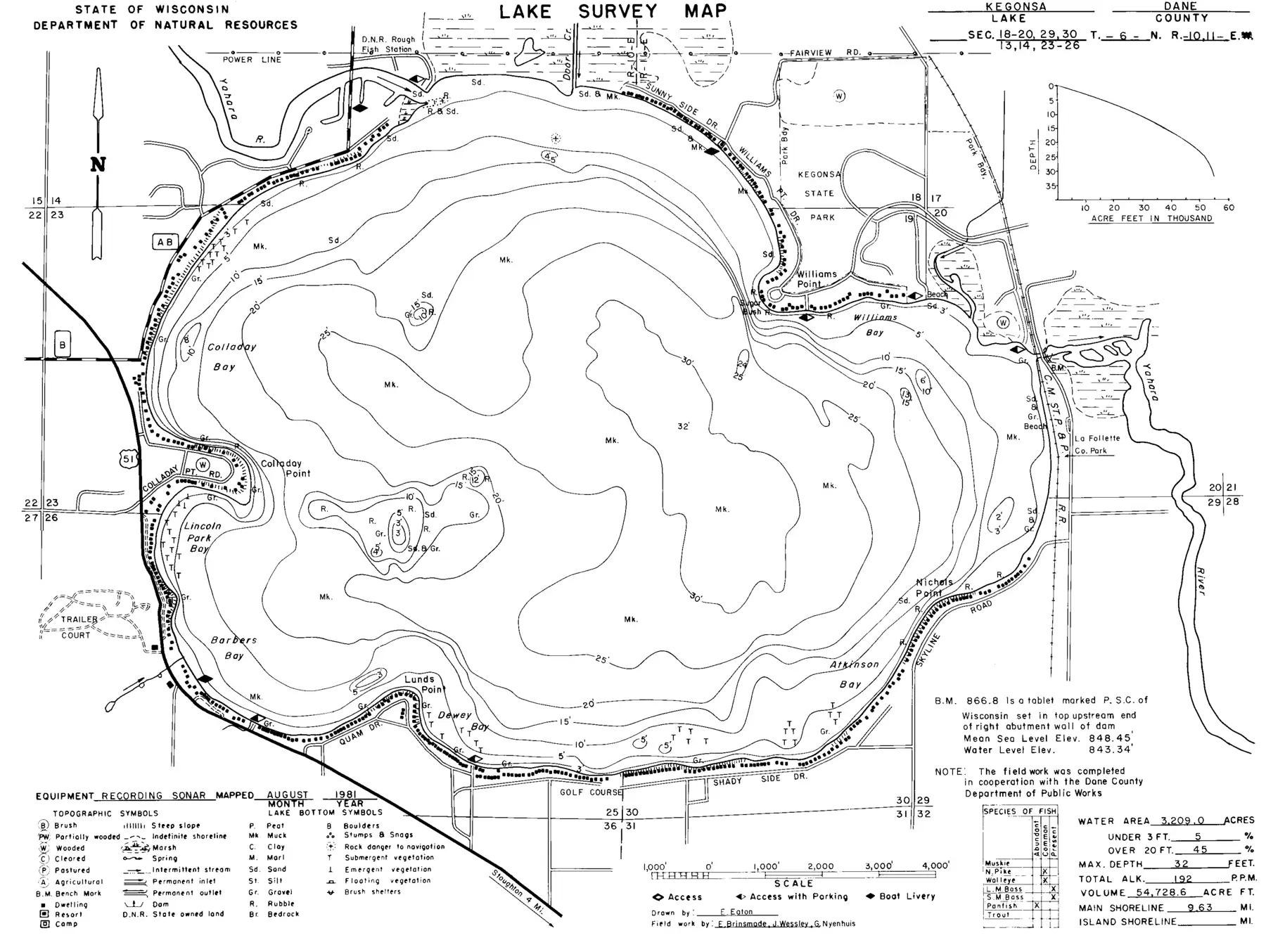 DNR survey map of Lake Kegonsa, with depths in feet. Tap to zoom.