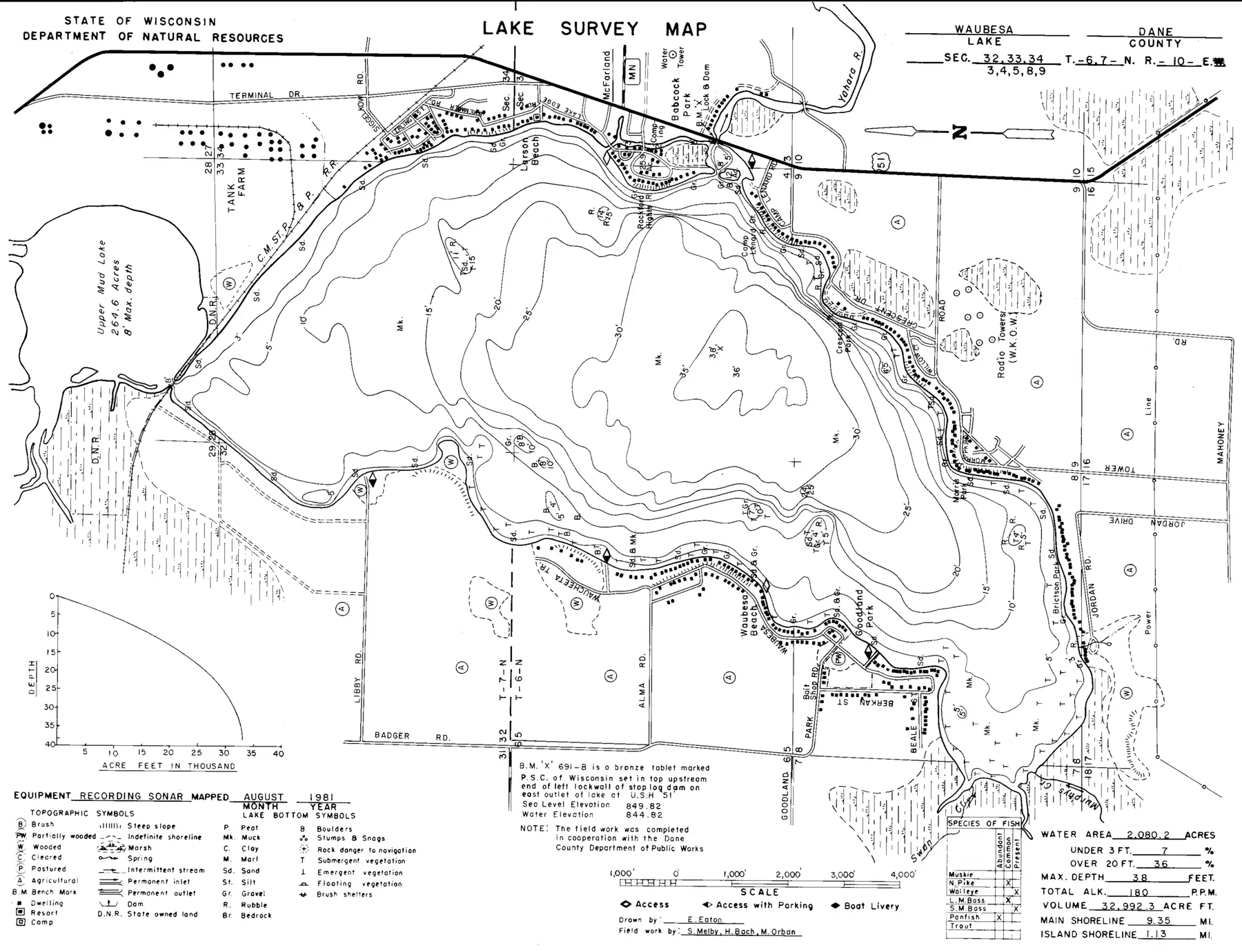DNR survey map of Lake Waubesa, with depths in feet. Tap to zoom.