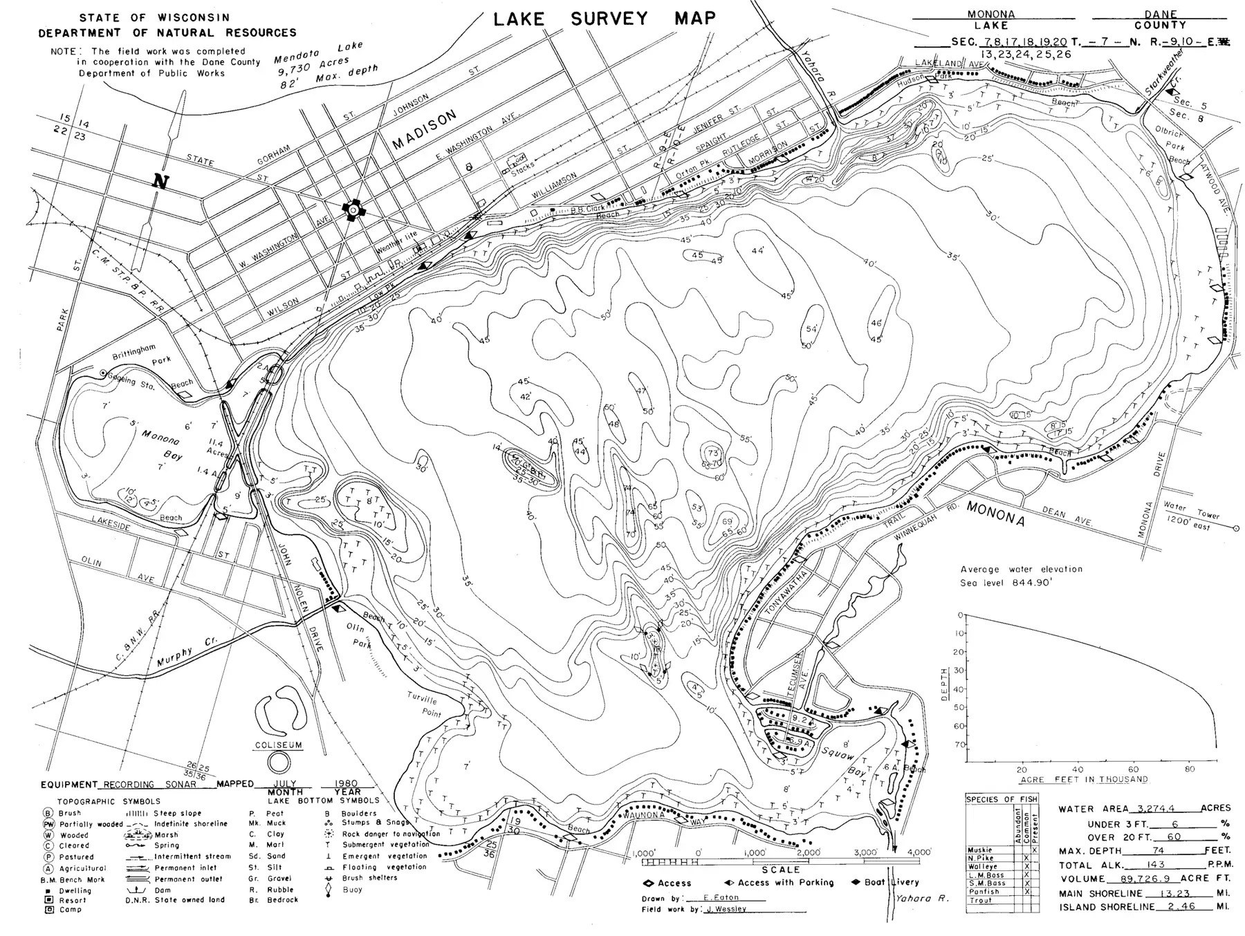 DNR survey map of Lake Monona, with depths in feet. Tap to zoom.