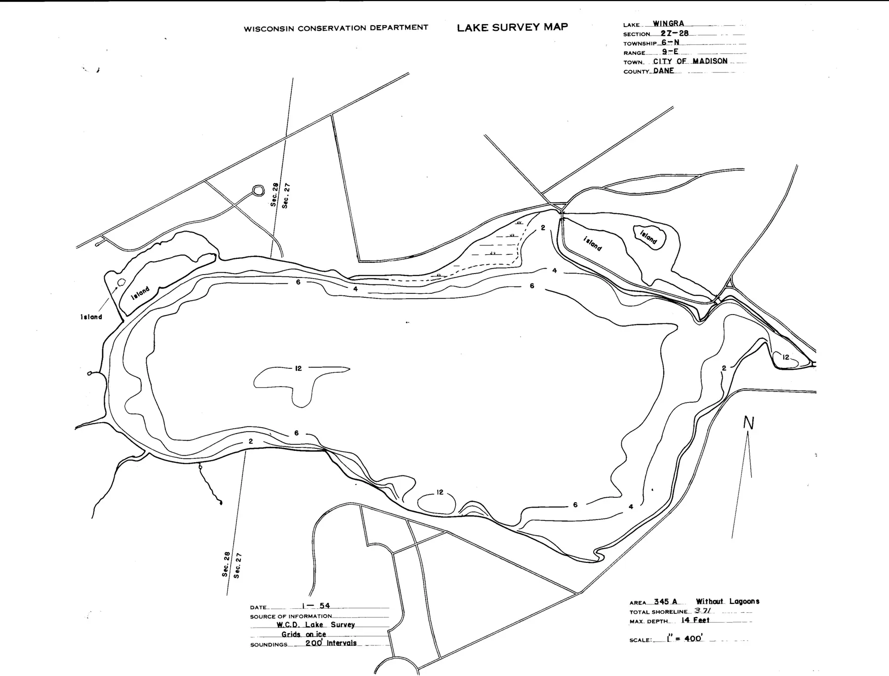 DNR survey map of Lake Wingra, with depths in feet. Tap to zoom.