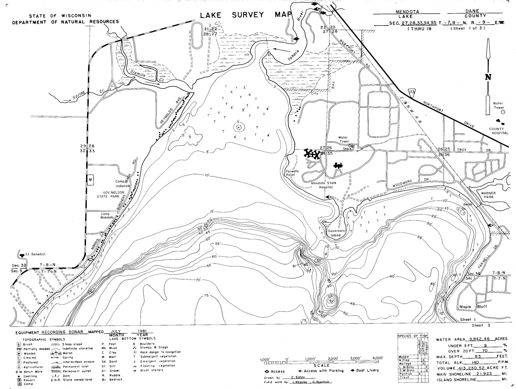 DNR survey map of Lake Mendota, sheet 1 of 3, with depths in feet. Tap to zoom.