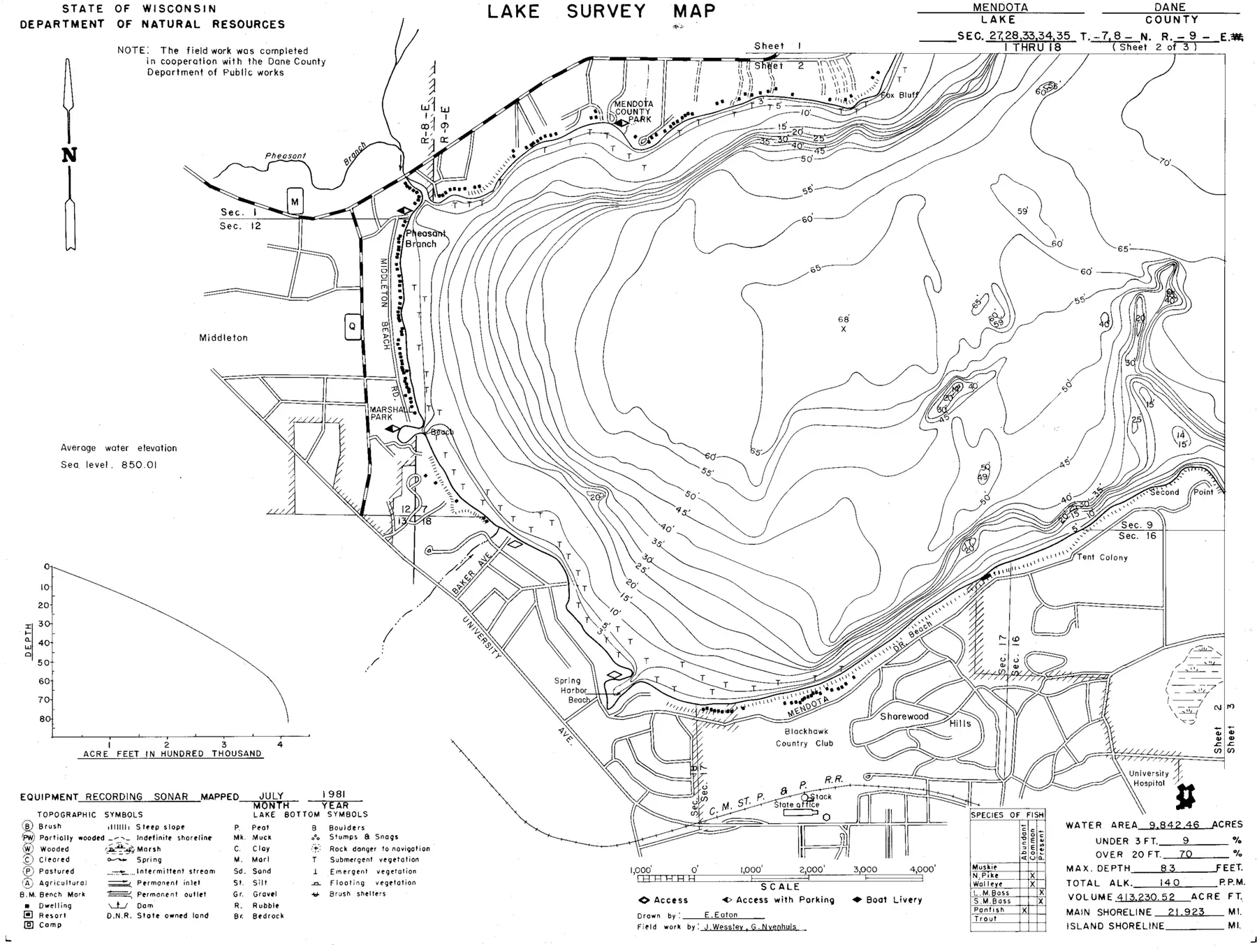 DNR survey map of Lake Mendota, sheet 2 of 3, with depths in feet. Tap to zoom.