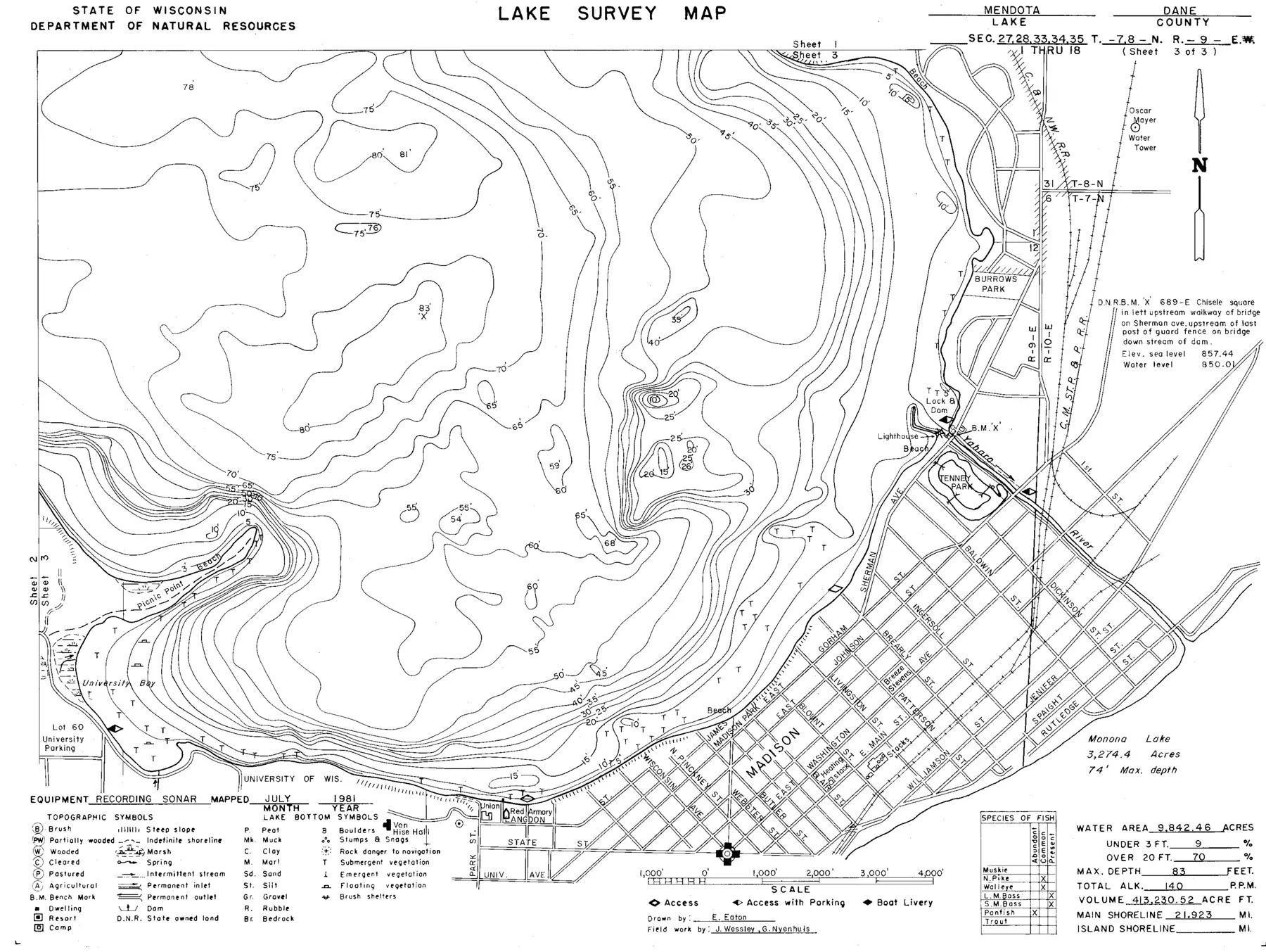 DNR survey map of Lake Mendota, sheet 3 of 3. Tap to zoom.