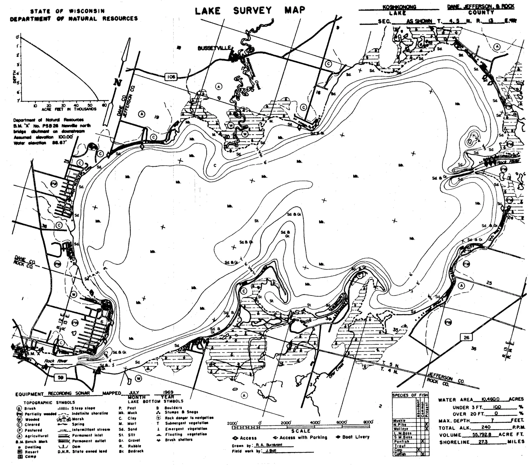 DNR survey map of Lake Koshkonong, with depths in feet. Tap to zoom.