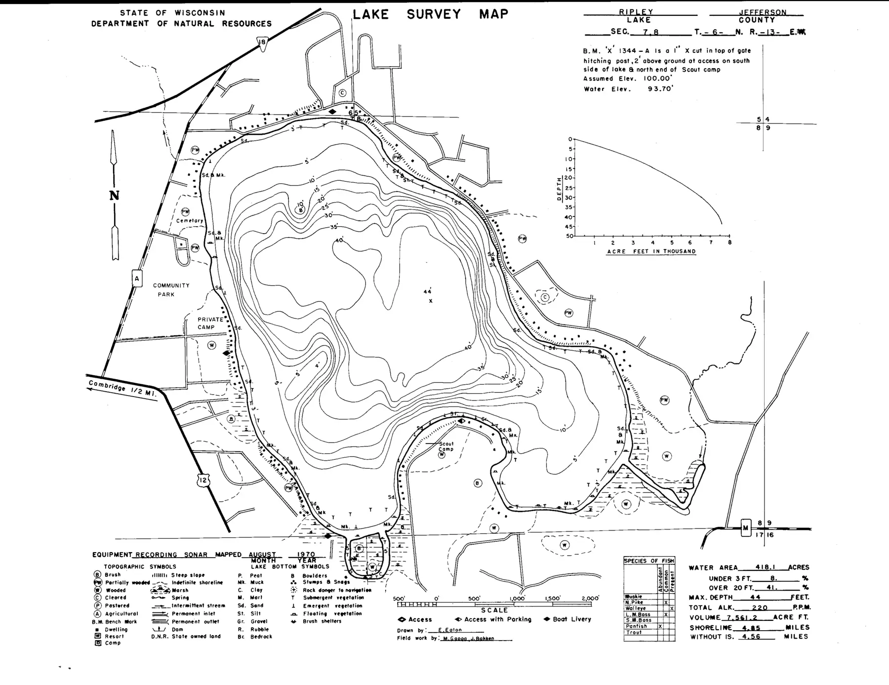 DNR survey map of Lake Ripley, with depths in feet. Tap to zoom.