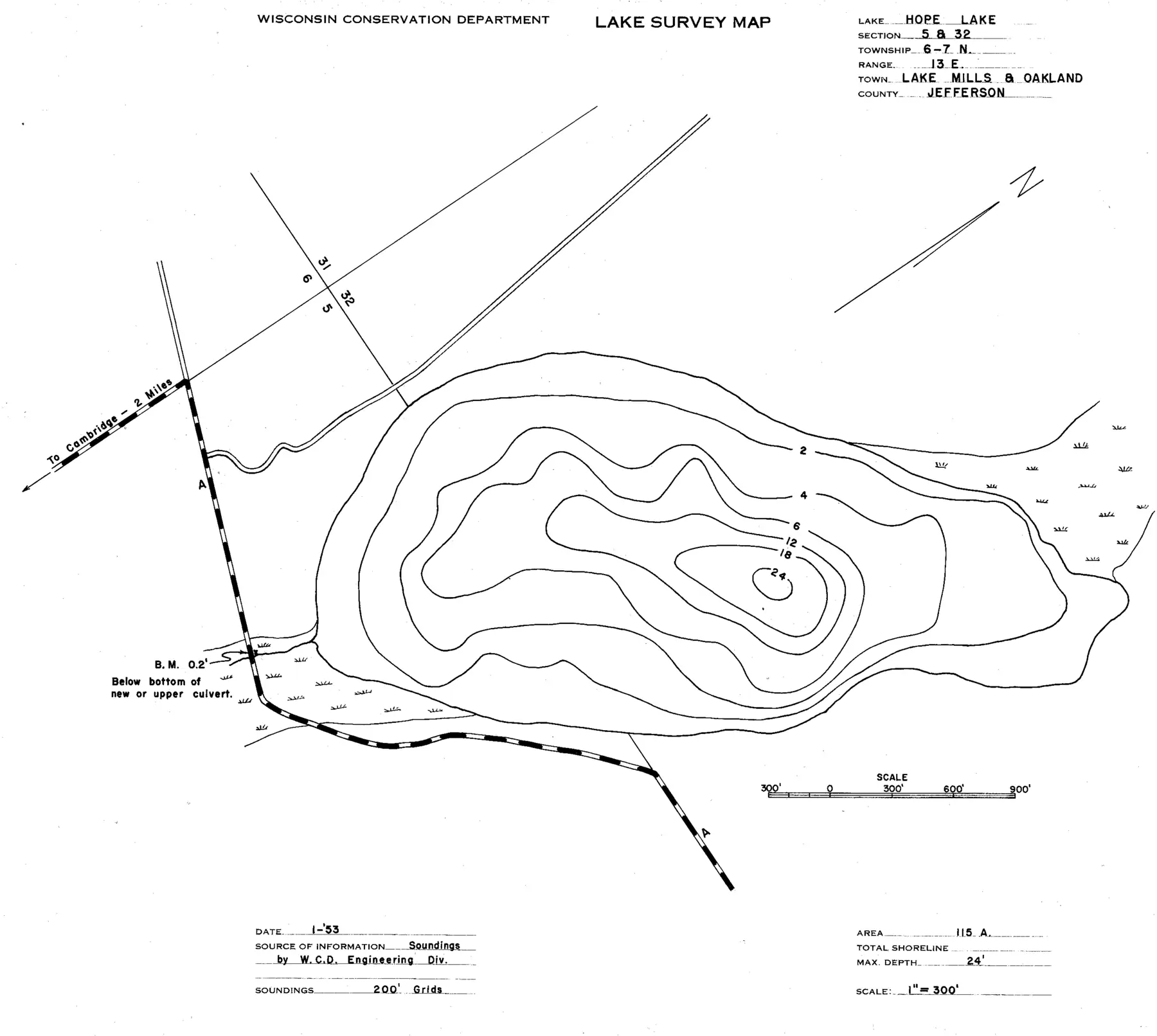 DNR survey map of Hope Lake, with depths in feet. Tap to zoom.