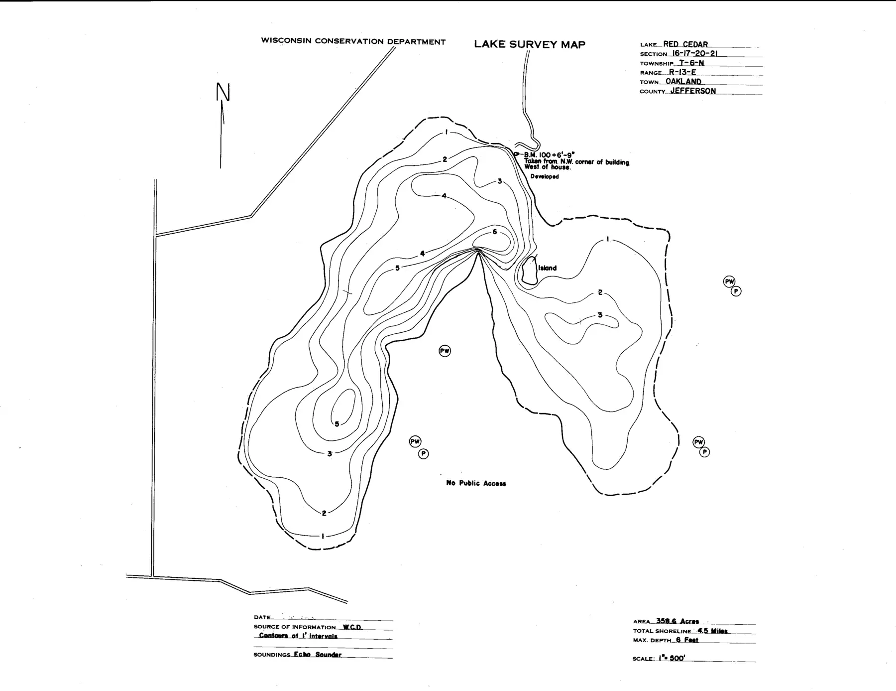 DNR survey map of Red Cedar Lake, with depths in feet. Tap to zoom.