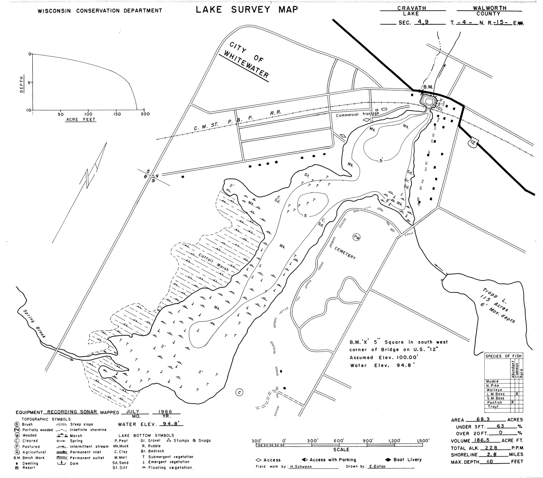 DNR survey map of Cravath Lake, with depths in feet. Tap to zoom.