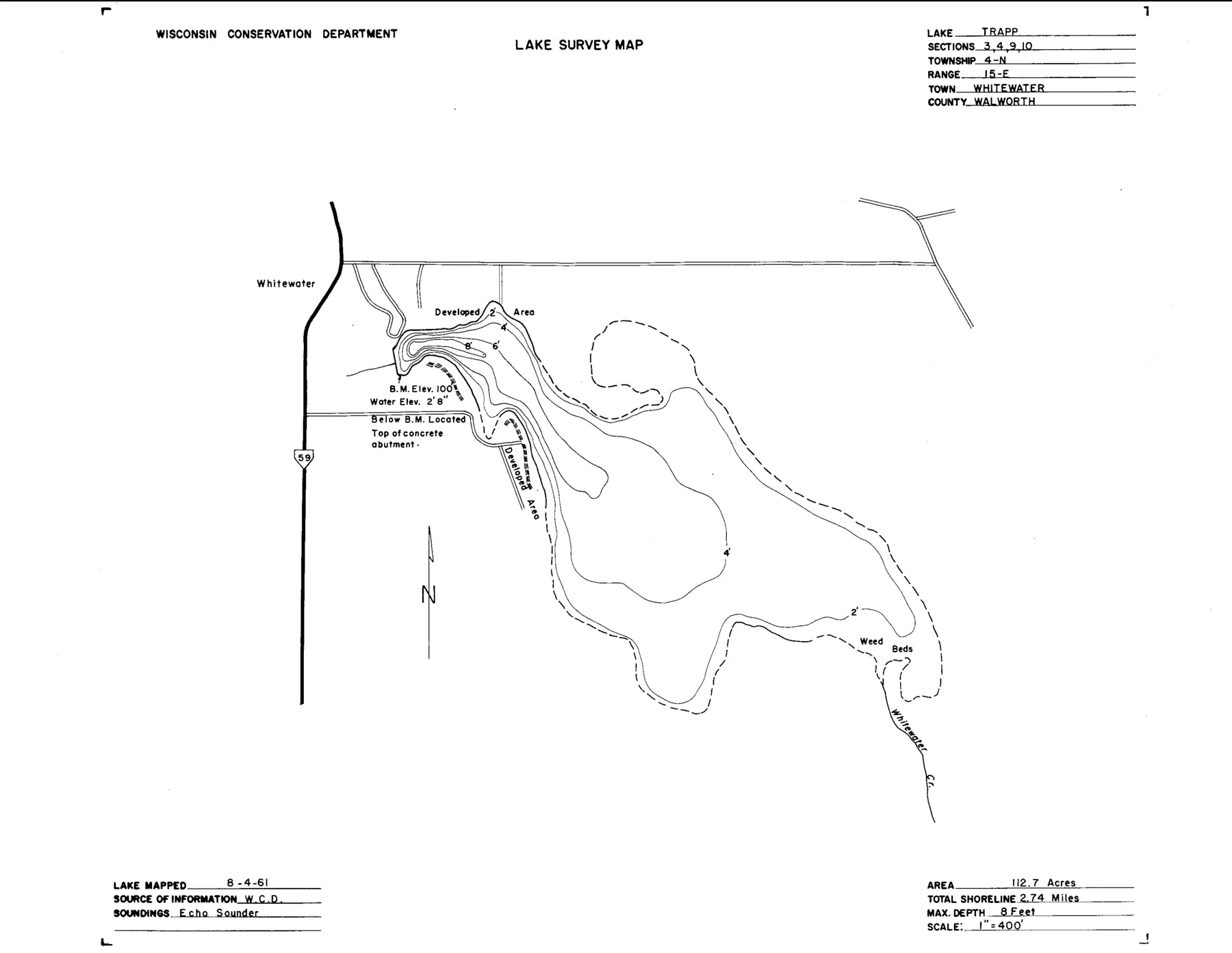 DNR survey map of Tripp Lake (Trapp), with depths in feet. Tap to zoom.