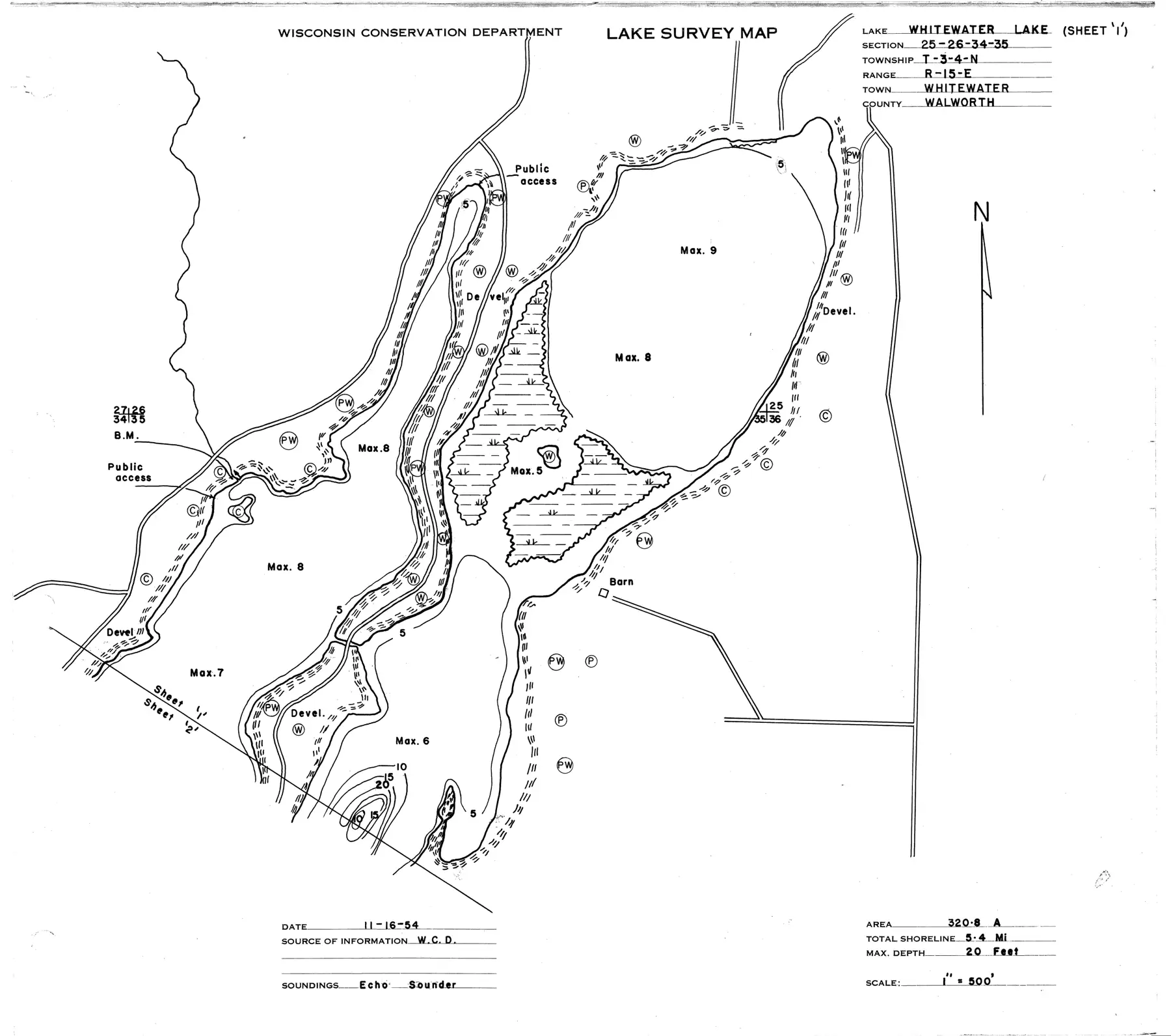 DNR survey map of Whitewater Lake, sheet 1 of 2, with depths in feet. Tap to zoom.
