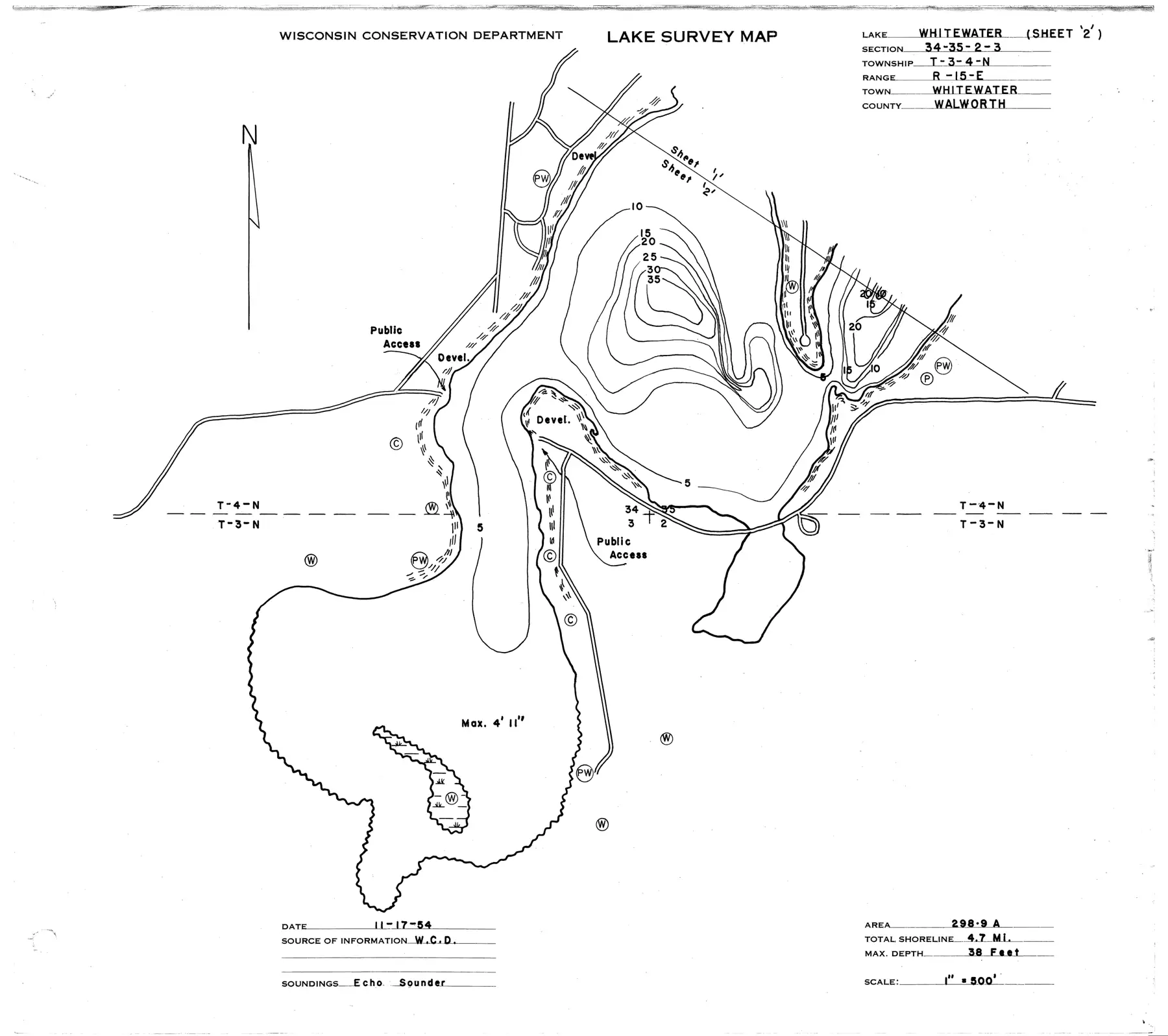 DNR survey map of Whitewater Lake, sheet 2 of 2, with depths in feet. Tap to zoom.