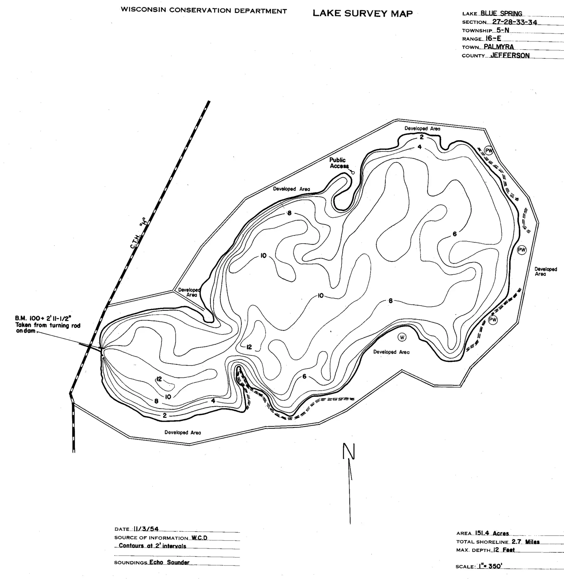 DNR survey map of Blue Spring Lake, with depths in feet. Tap to zoom.