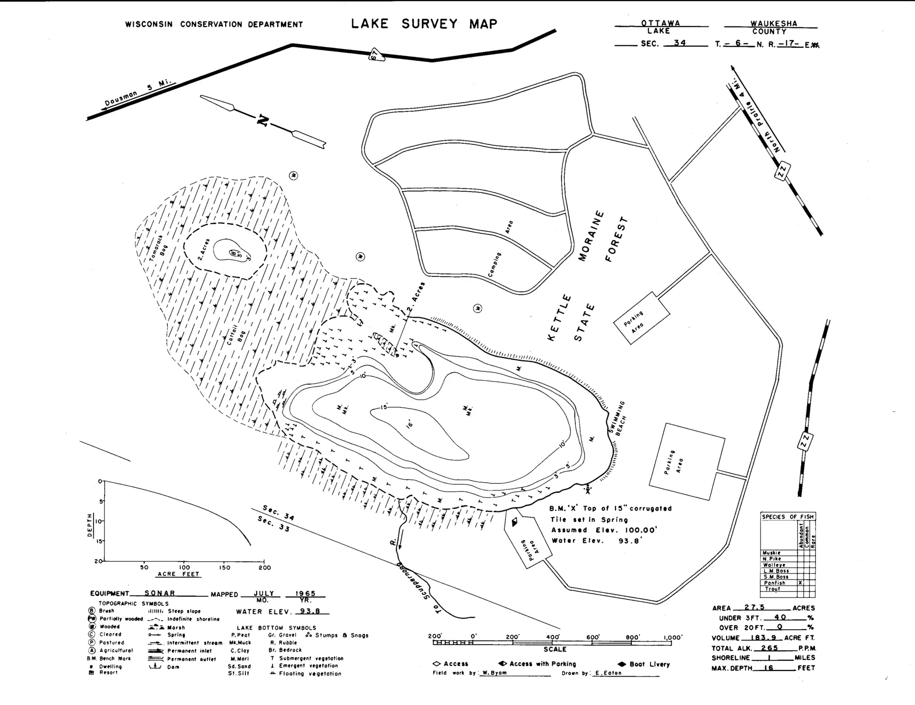 DNR survey map of Ottawa Lake, with depths in feet. Tap to zoom.
