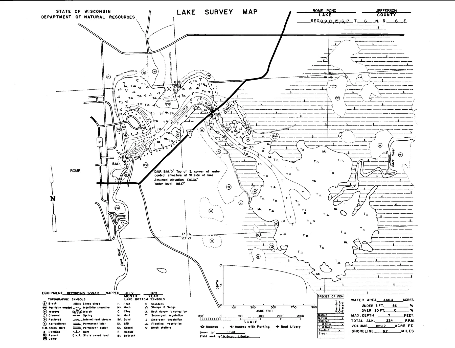 DNR survey map of Rome Mill Pond, with depths in feet. Tap to zoom.