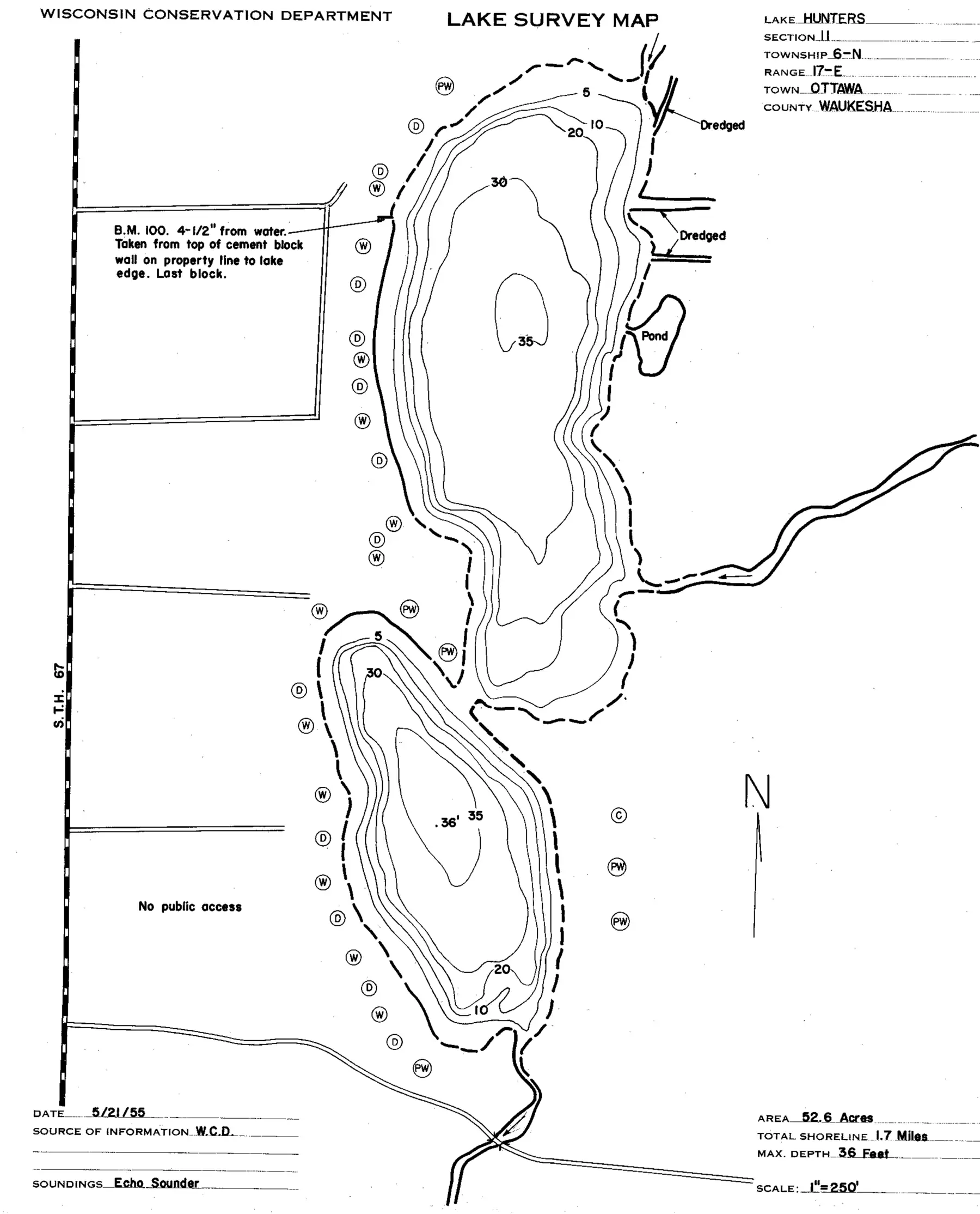 DNR survey map of Hunters Lake, with depths in feet. Tap to zoom.