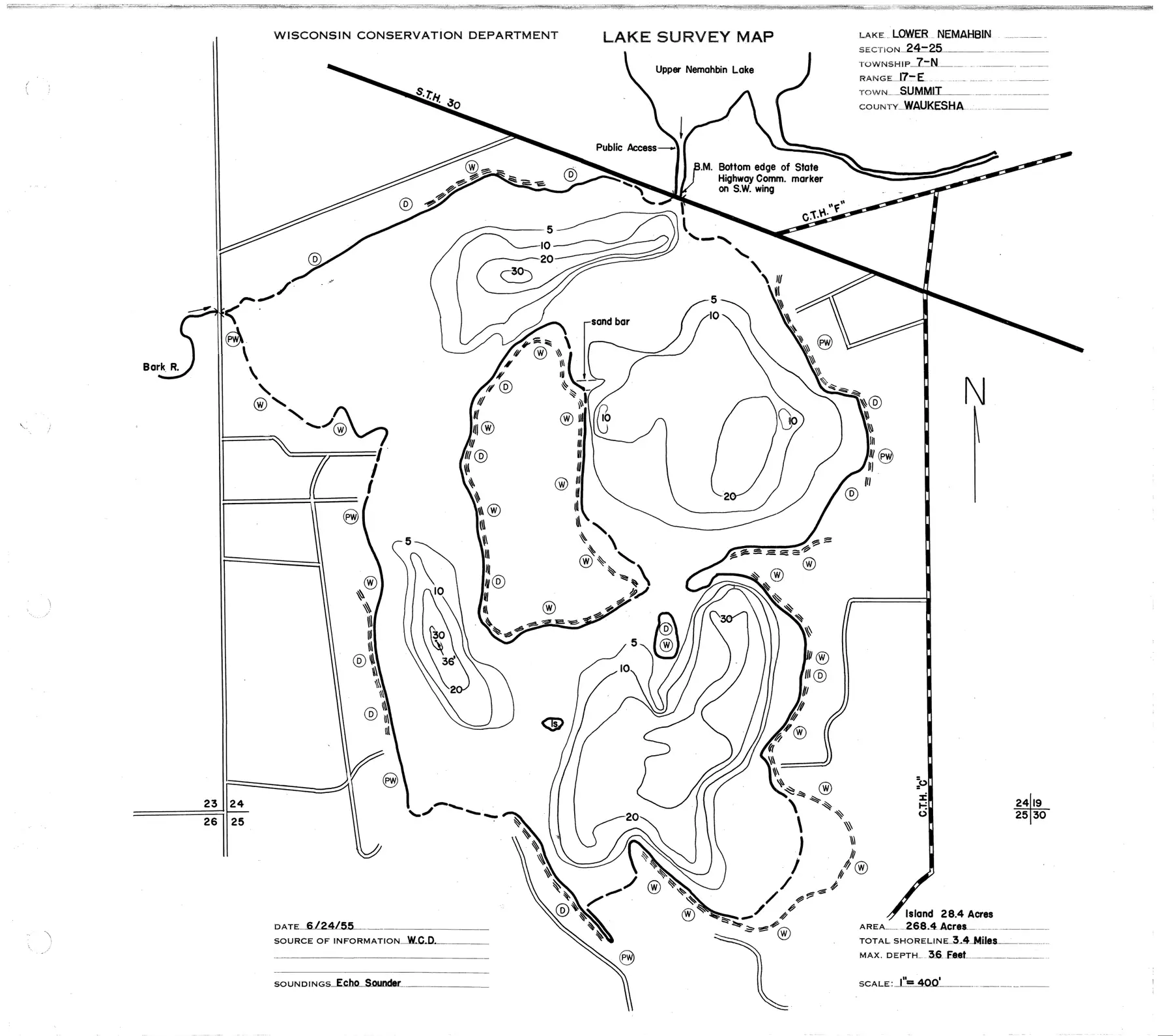 DNR survey map of Lower Nemahbin Lake, with depths in feet. Tap to zoom.