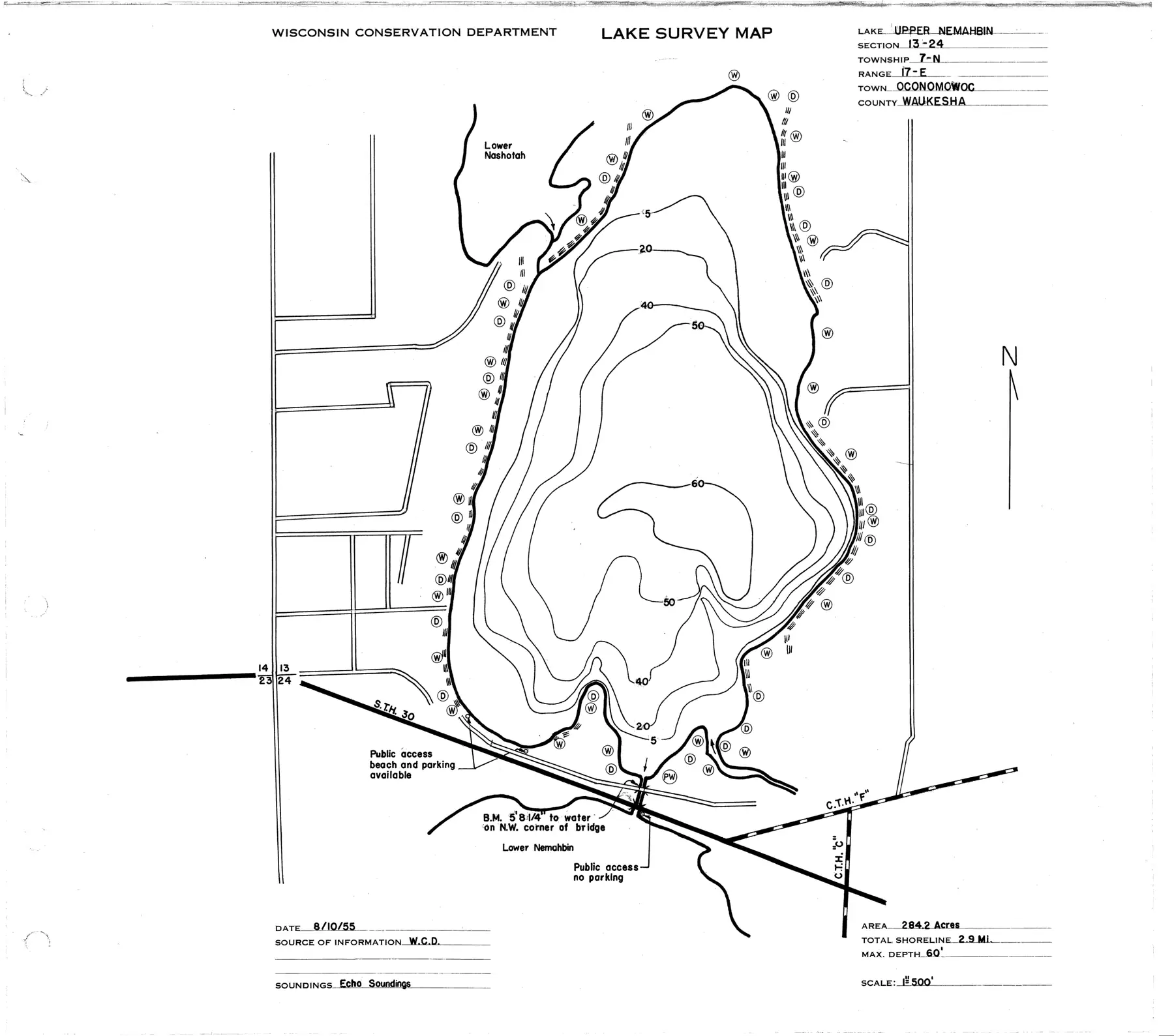 DNR survey map of Upper Nemahbin Lake, with depths in feet. Tap to zoom.