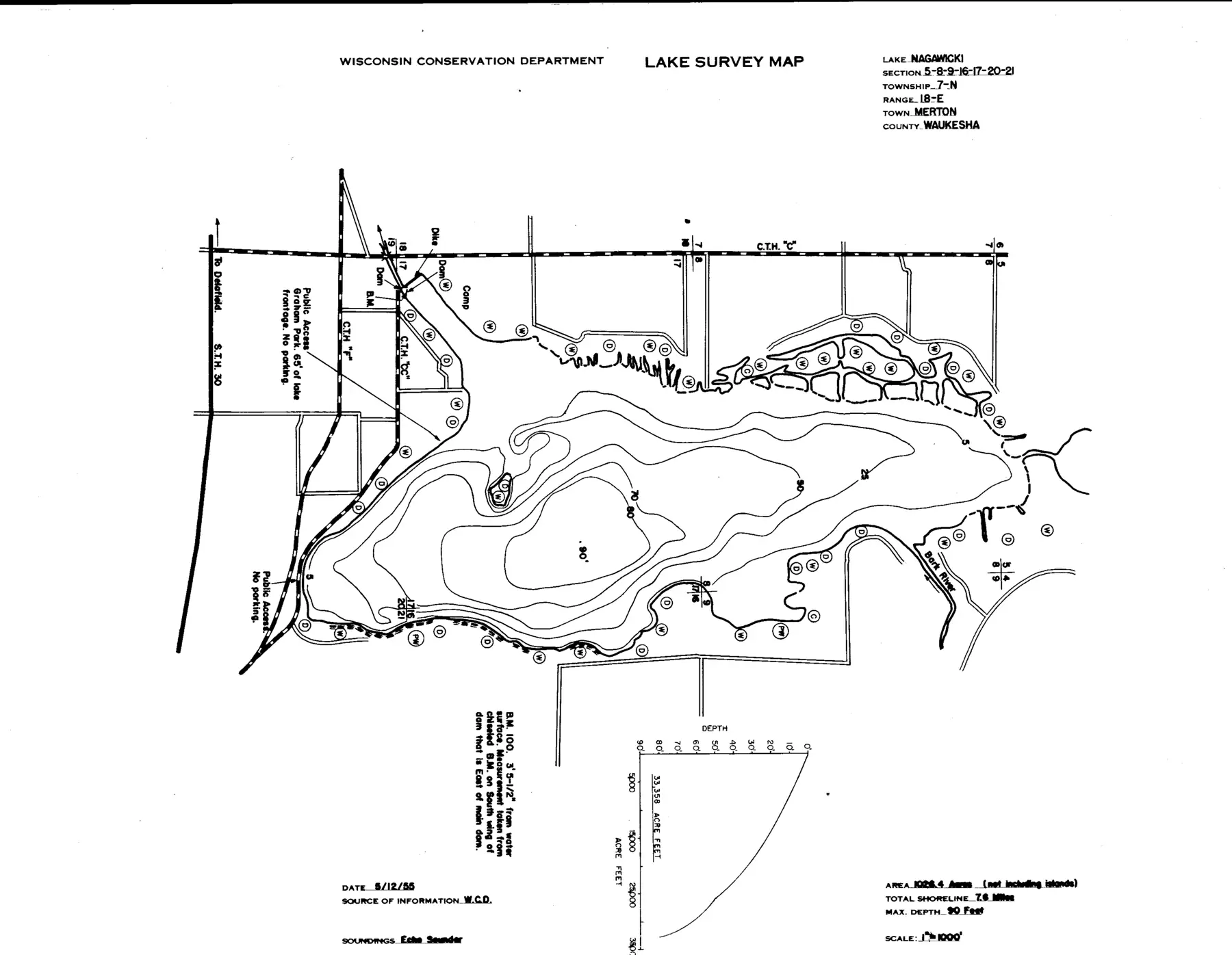 DNR survey map of Nagawicka Lake, with depths in feet. Tap to zoom.
