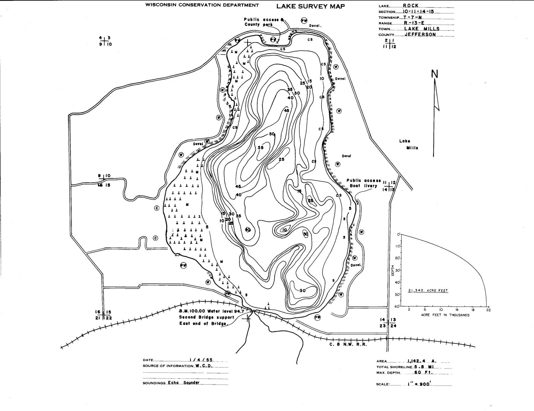 DNR survey map of Rock Lake, sheet 1 of 2, with depths in feet. Tap to zoom.