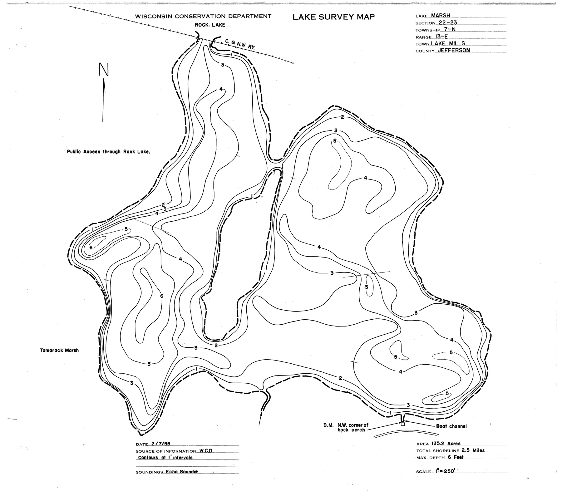 DNR survey map of Rock Lake, sheet 2 of 2, with depths in feet. Tap to zoom.