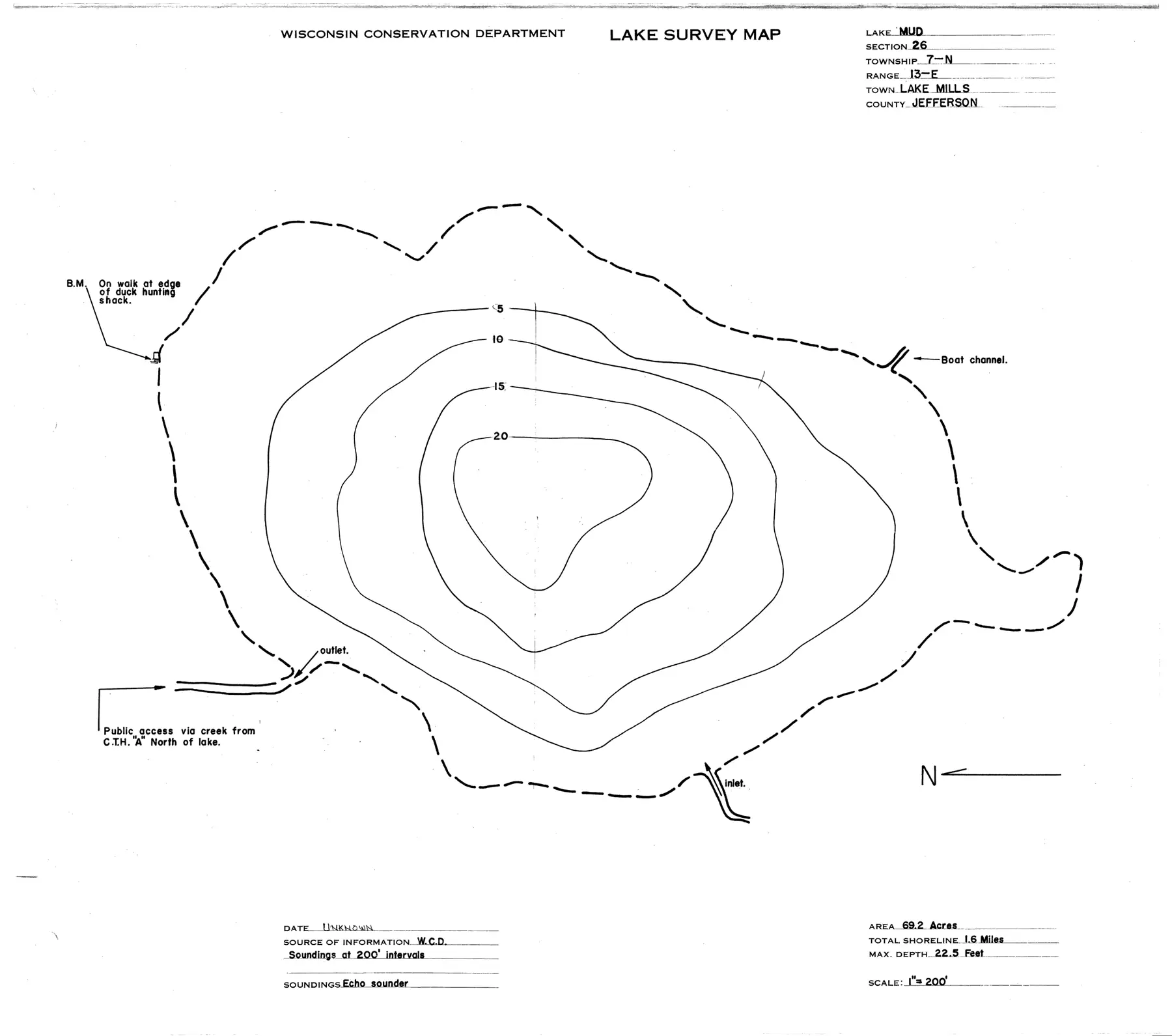 DNR survey map of Mud Lake, with depths in feet. Tap to zoom.
